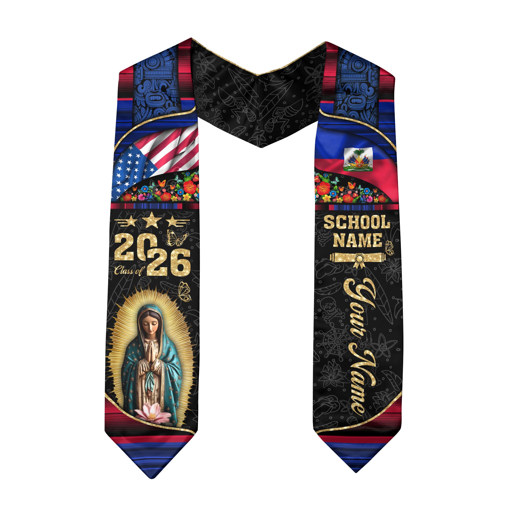 Customized Haiti Graduation Stole Featuring National Flag Pattern, Graduation Sash Class of 2026