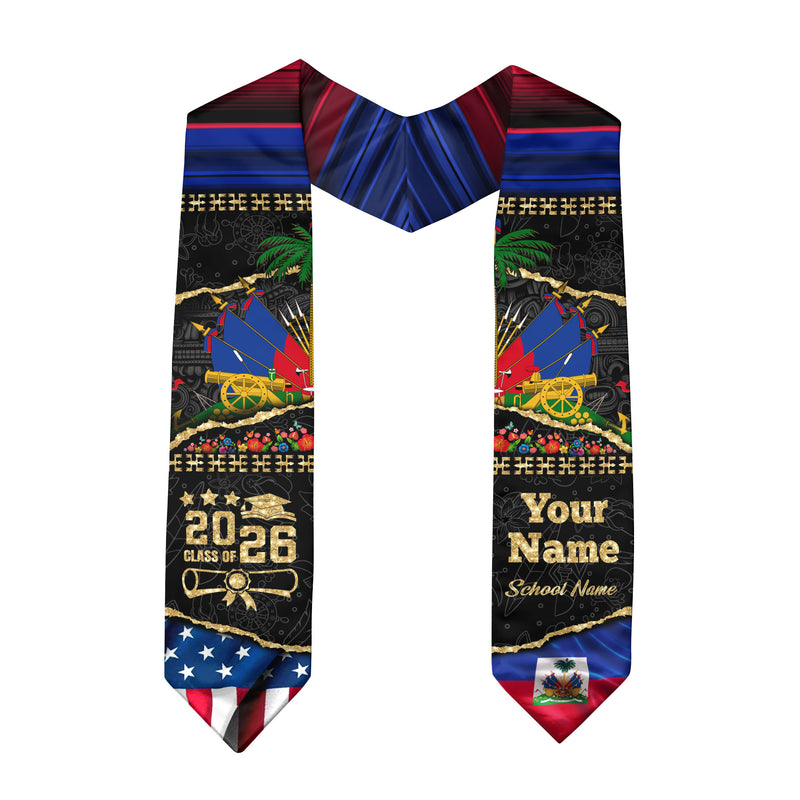 Customized Haiti Graduation Stole with Haitian Flag Elements, Graduation Sash for Class of 2026