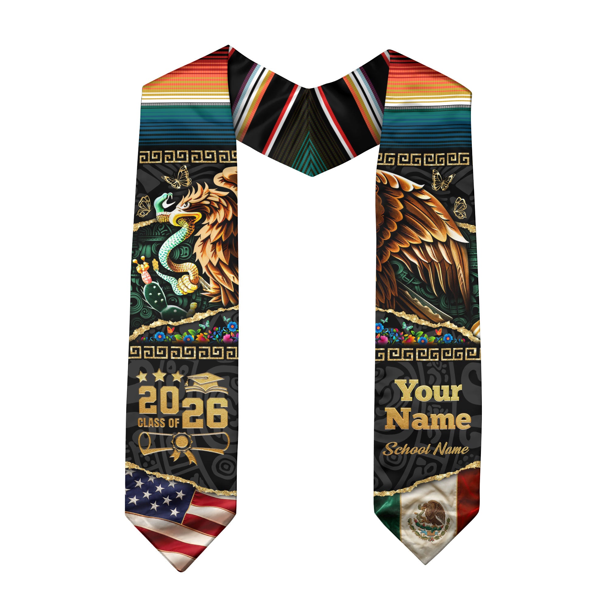 Mexican American Flag Graduation Stole 2026, Mexico Stole Sash, Mexican Grad Accessory