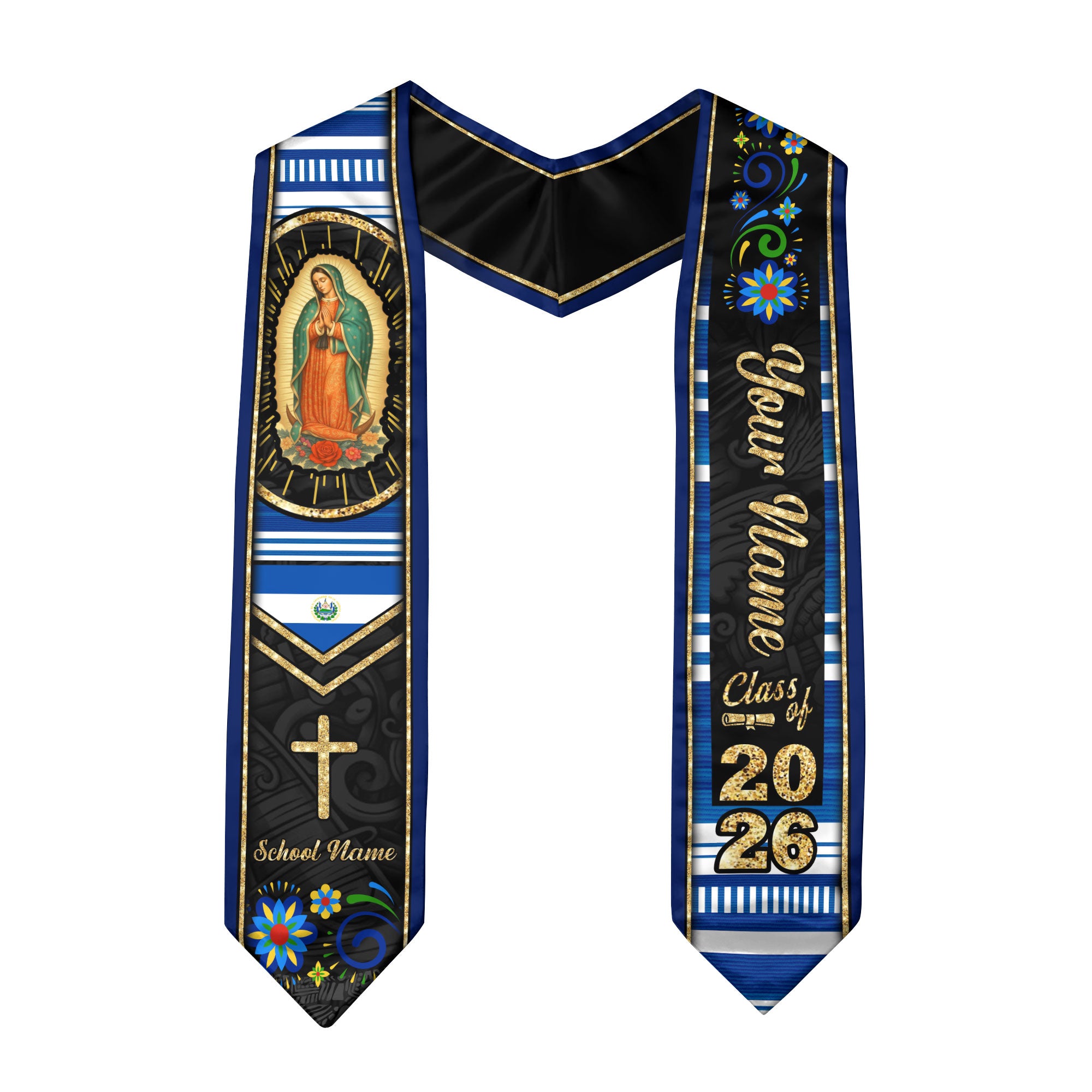 Customized El Salvador Graduation Stole Highlighting Salvadoran Flag Design, Graduation Sash for 2026