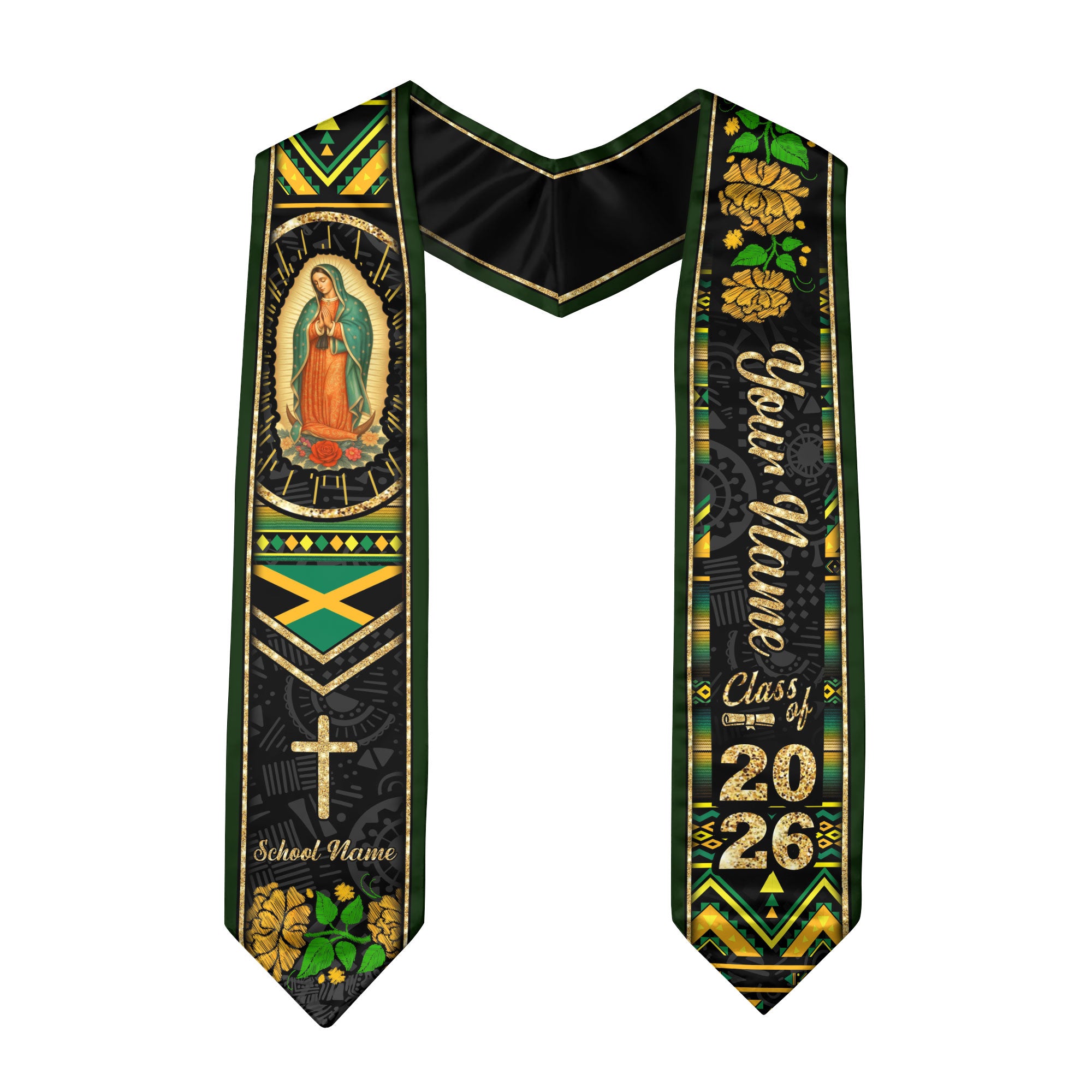 Customized Jamaica Graduation Stole Showcasing Jamaican Flag Colors, Graduation Sash for Class of 2026