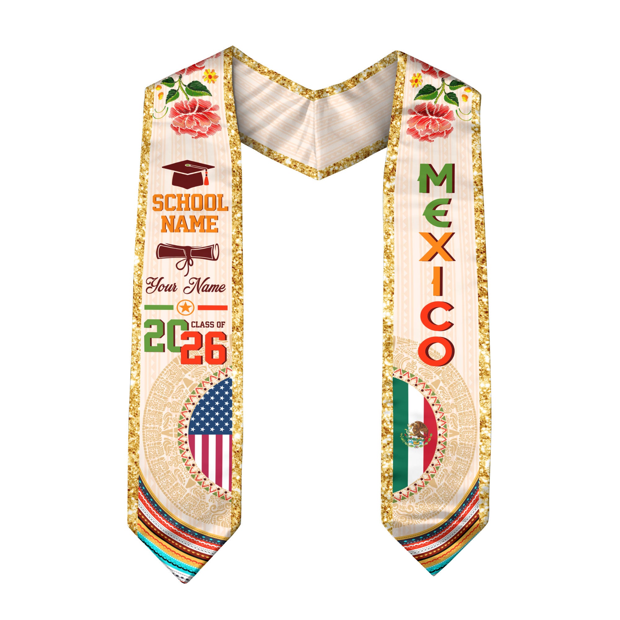 2026 Mexican Flag Graduation Stole, Mexico Graduation Sash, Add Your Details Option