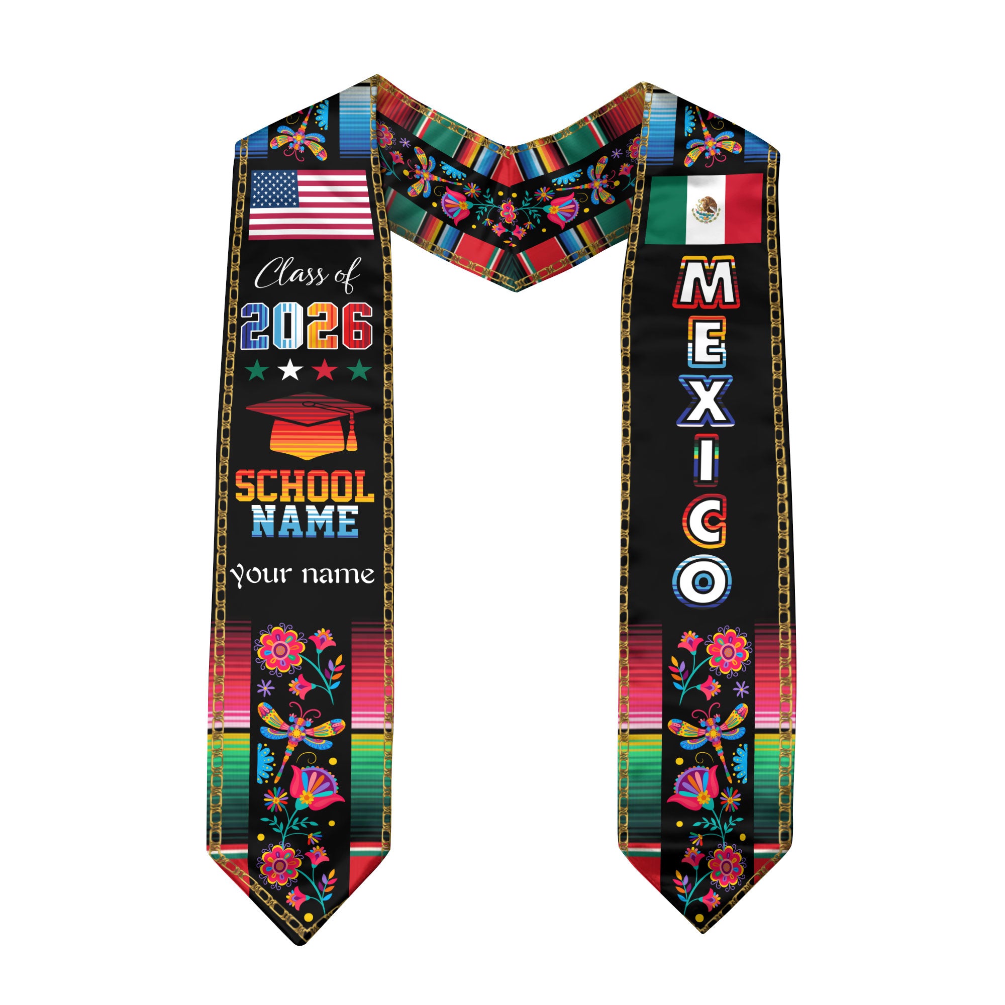 Mexican Flag Stole 2026, Mexico Graduation Sash for Graduates, Personalized Detail Option