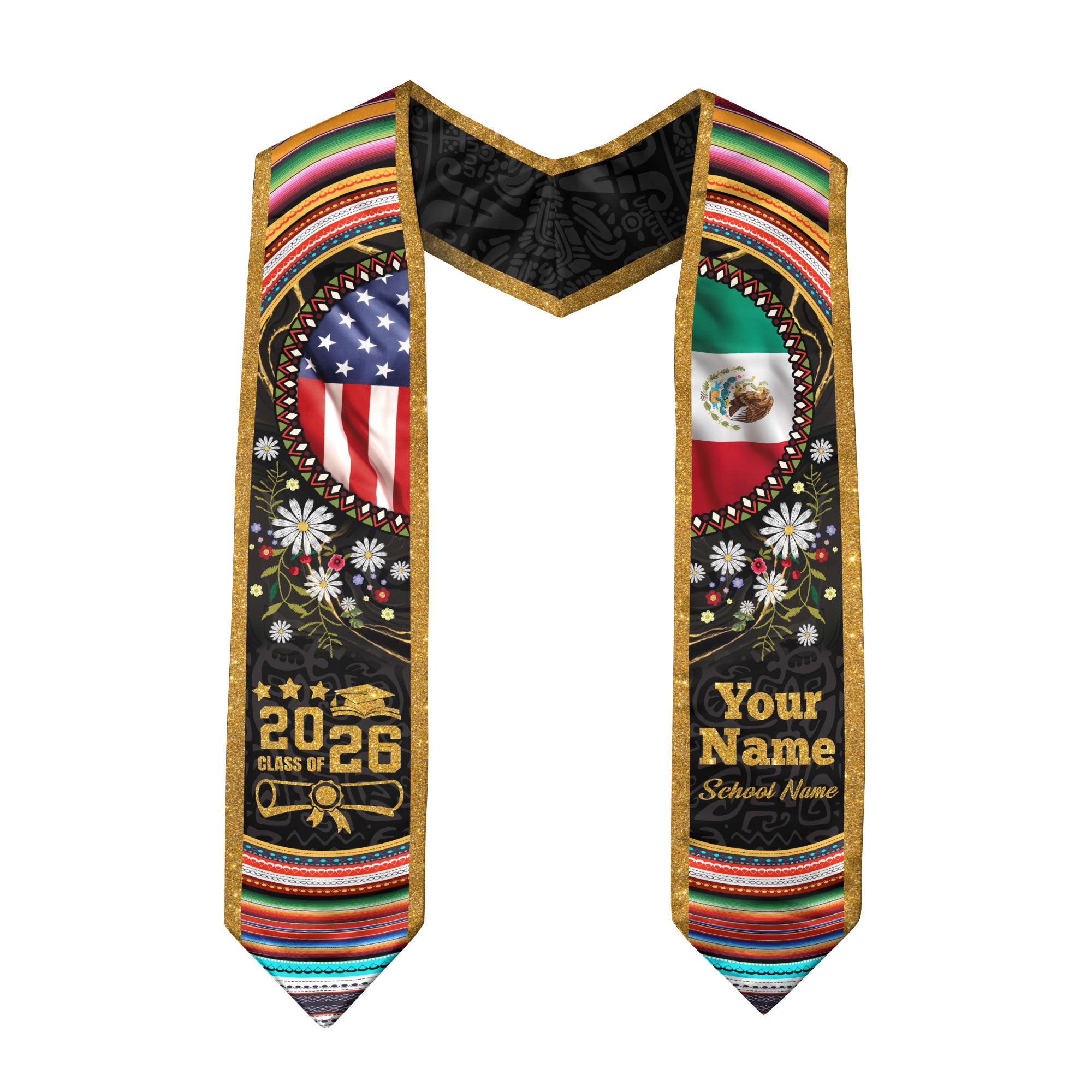 Customized Mexico Graduation Stole with Mexican Flag Heritage Pattern, Graduation Sash for the Class of 2026