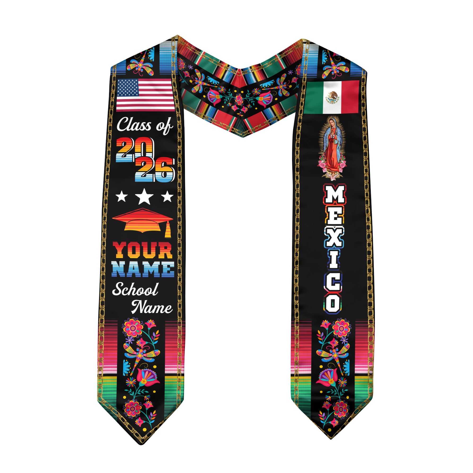 2026 Mexican Flag Graduation Sash, Mexico Graduation Stole, Add Details Option for Photos
