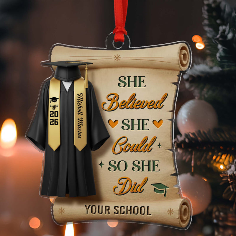 Personalized She Believed She Could So She Did Class Of 2026 Graduation Quote Ornament