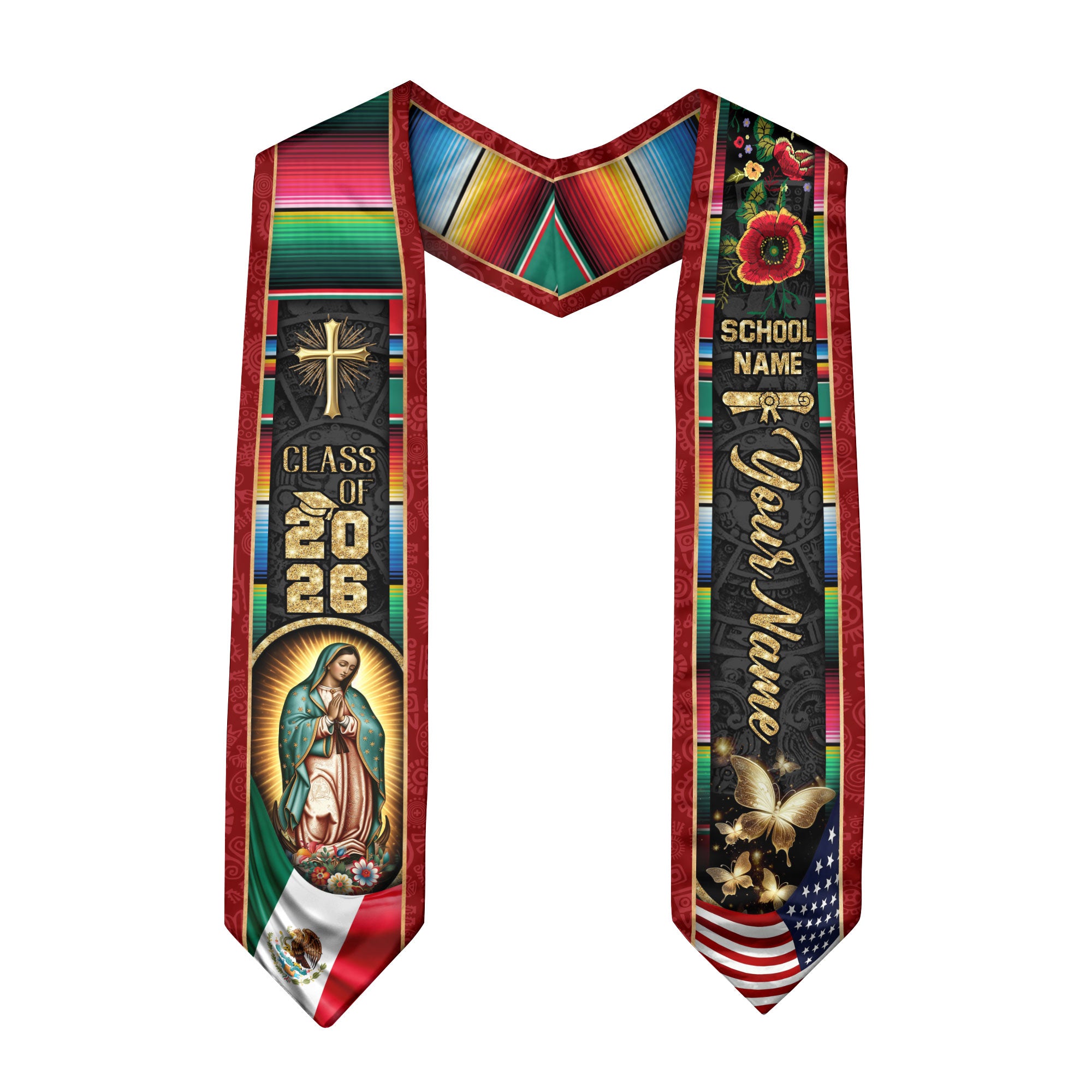 Mexican Graduation Sash 2026, Mexico Flag Stole, Add Name Detail for Ceremony Photos