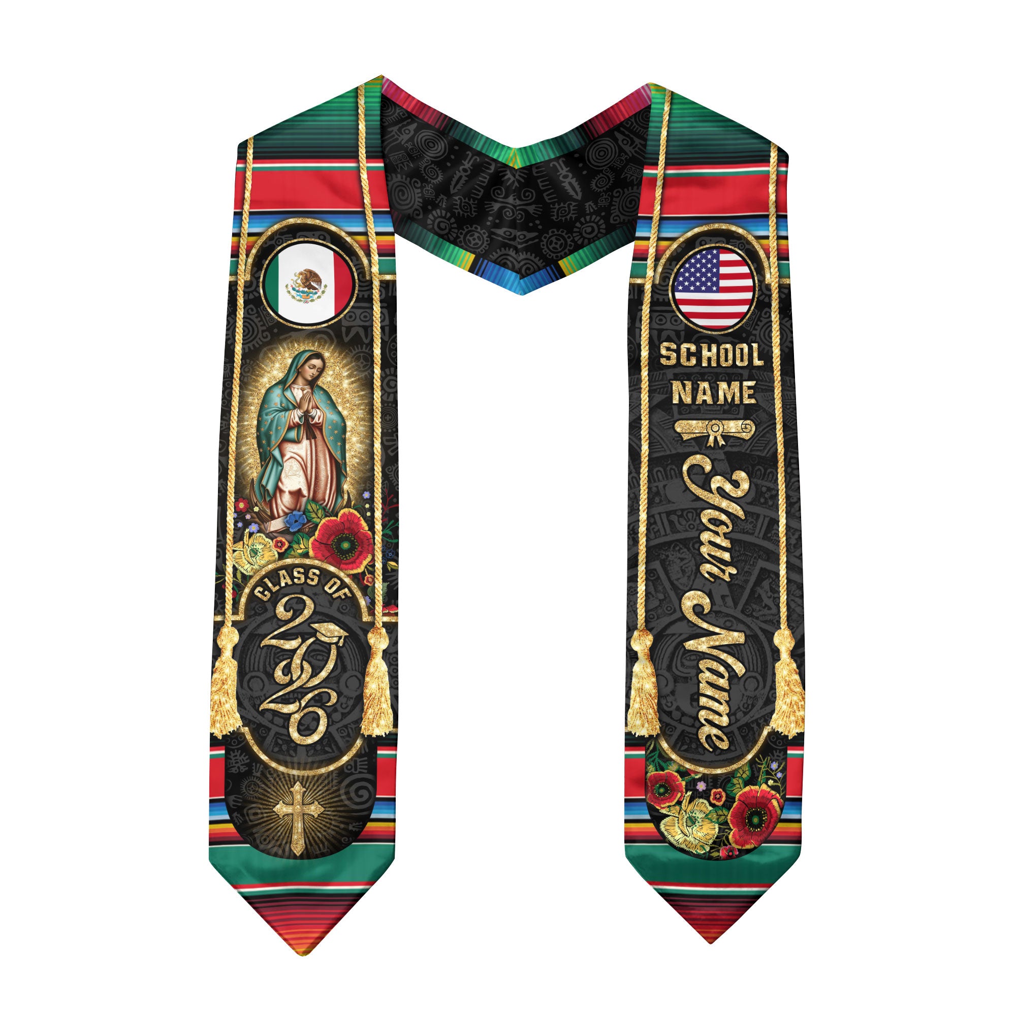2026 Mexico Flag Graduation Stole, Mexican Sash, Name Detail Option for Class of 2026