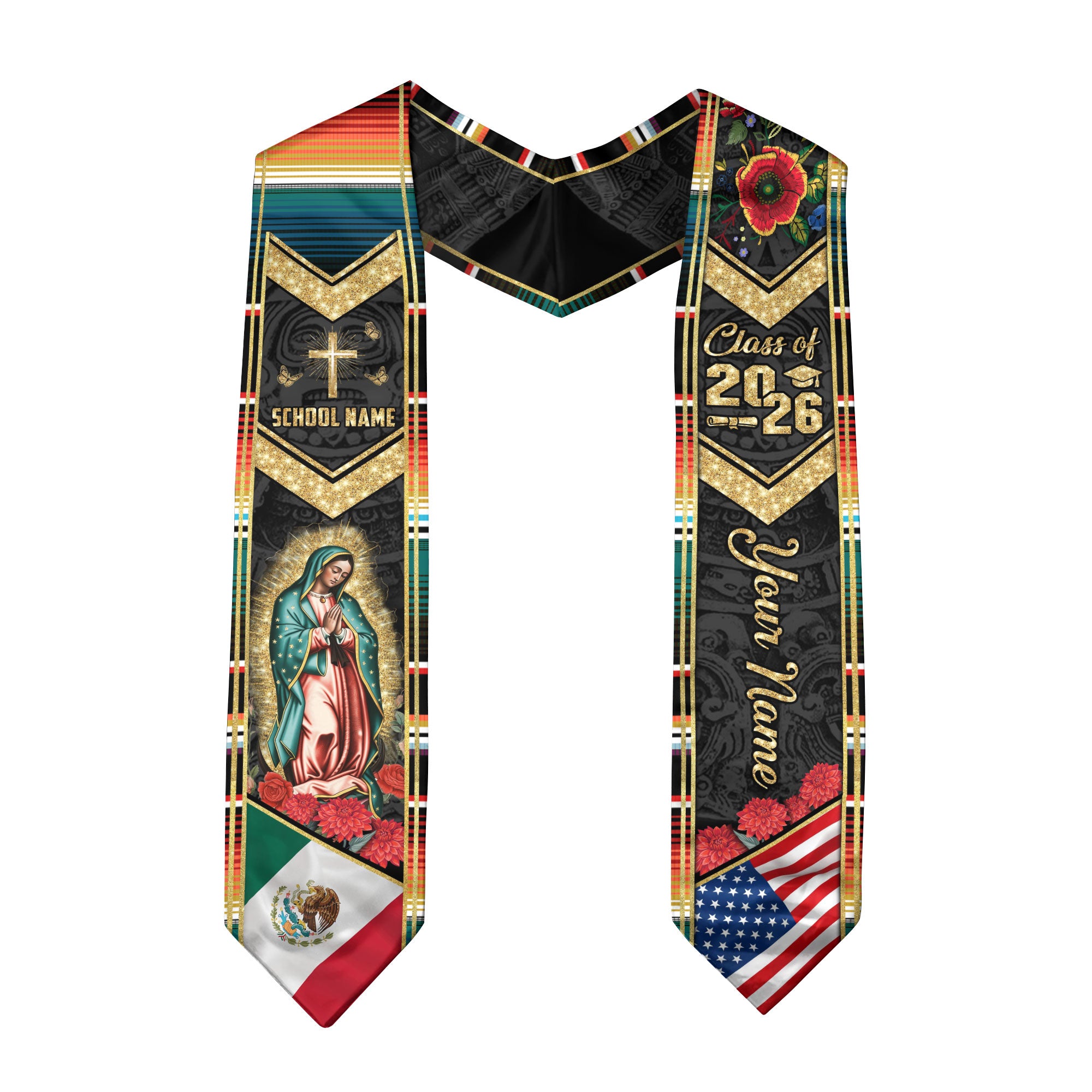 Mexico Flag Graduation Stole 2026, Mexican Graduation Sash, Add Your Name Detail Option