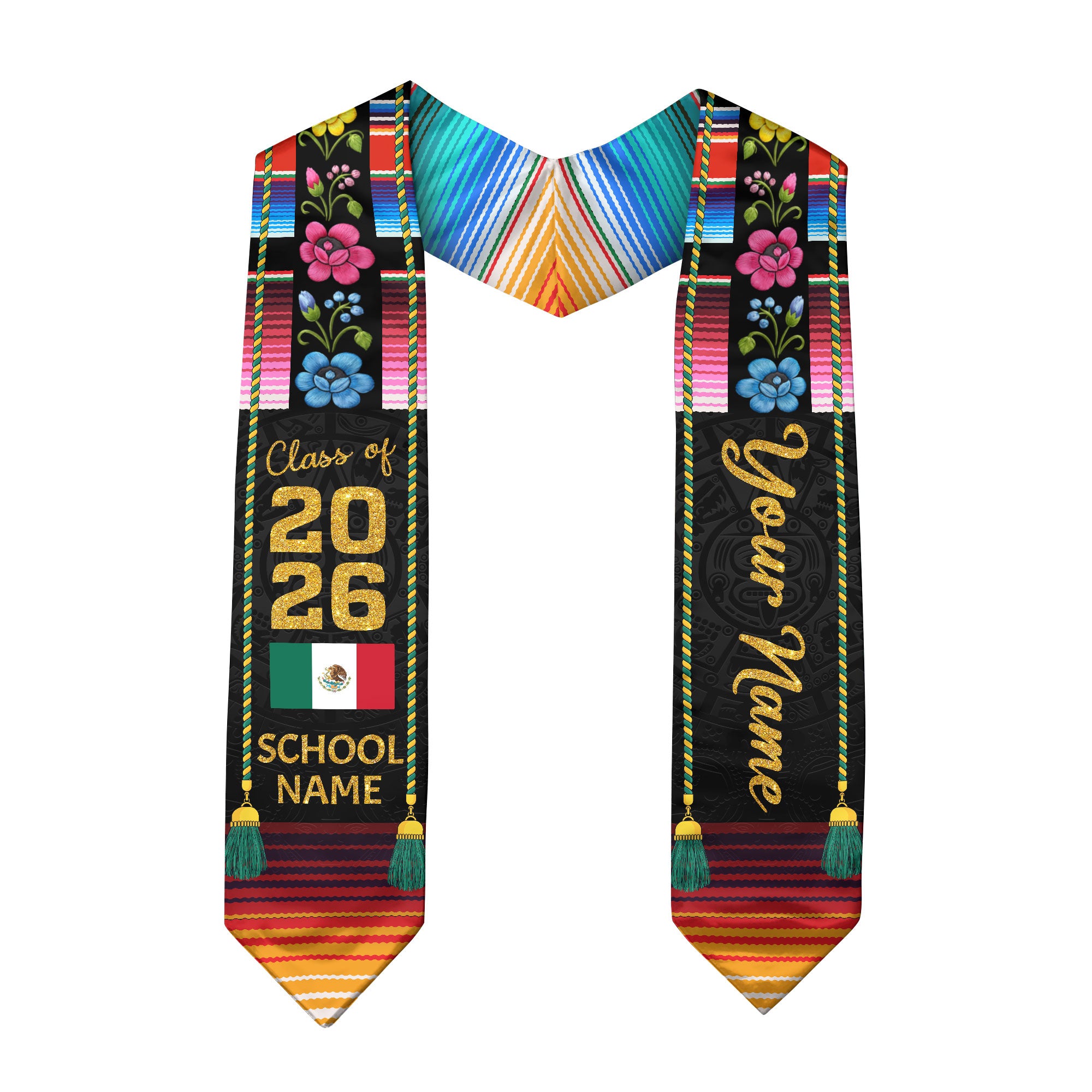 Customized Mexican Flag Graduation Stole 2026, Mexico Graduation Sash for Commencement Class of 2026