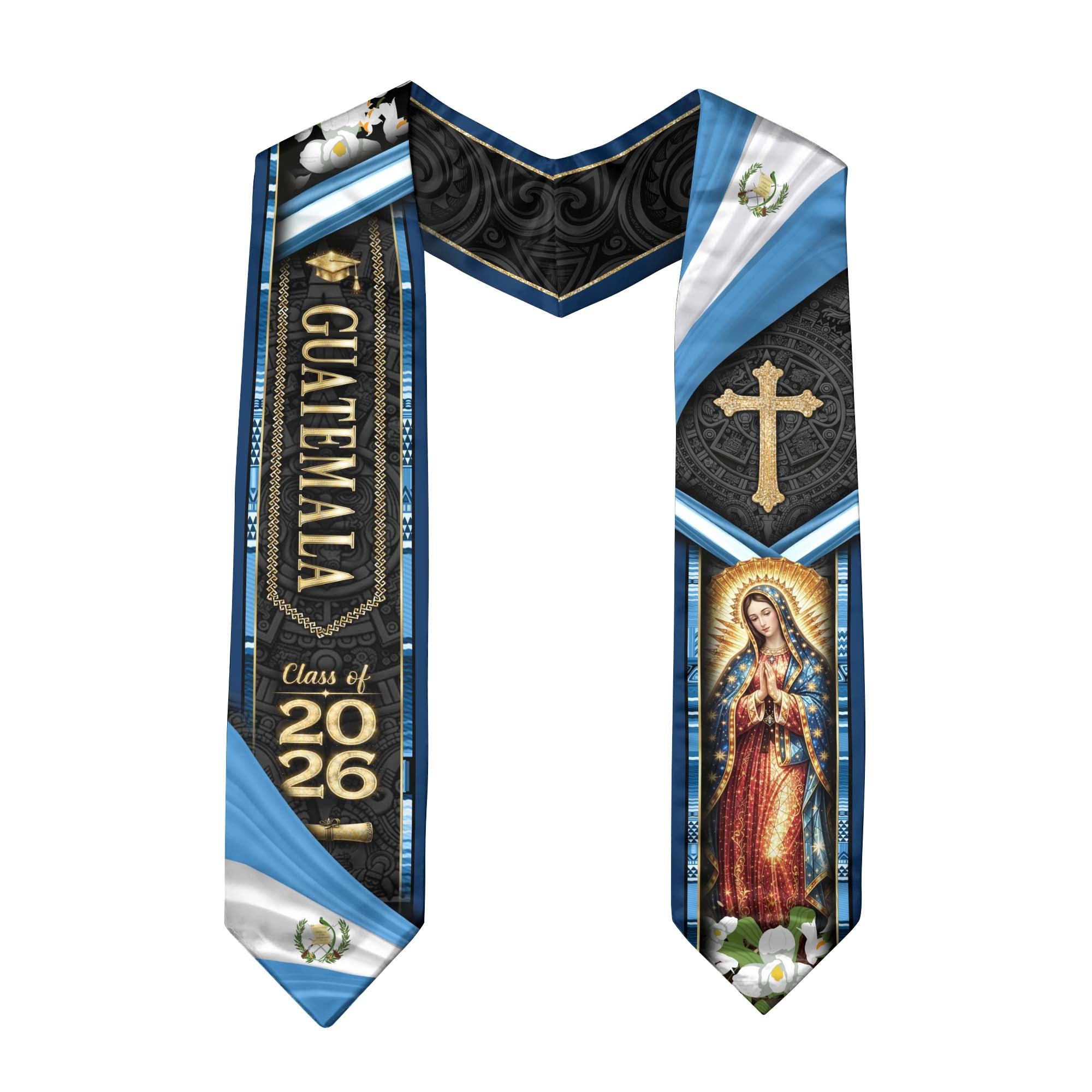 Guatemala Graduation Stole 2026 Virgin Mary Cross Quetzal Bird Blue Gold Graduation Sash Design