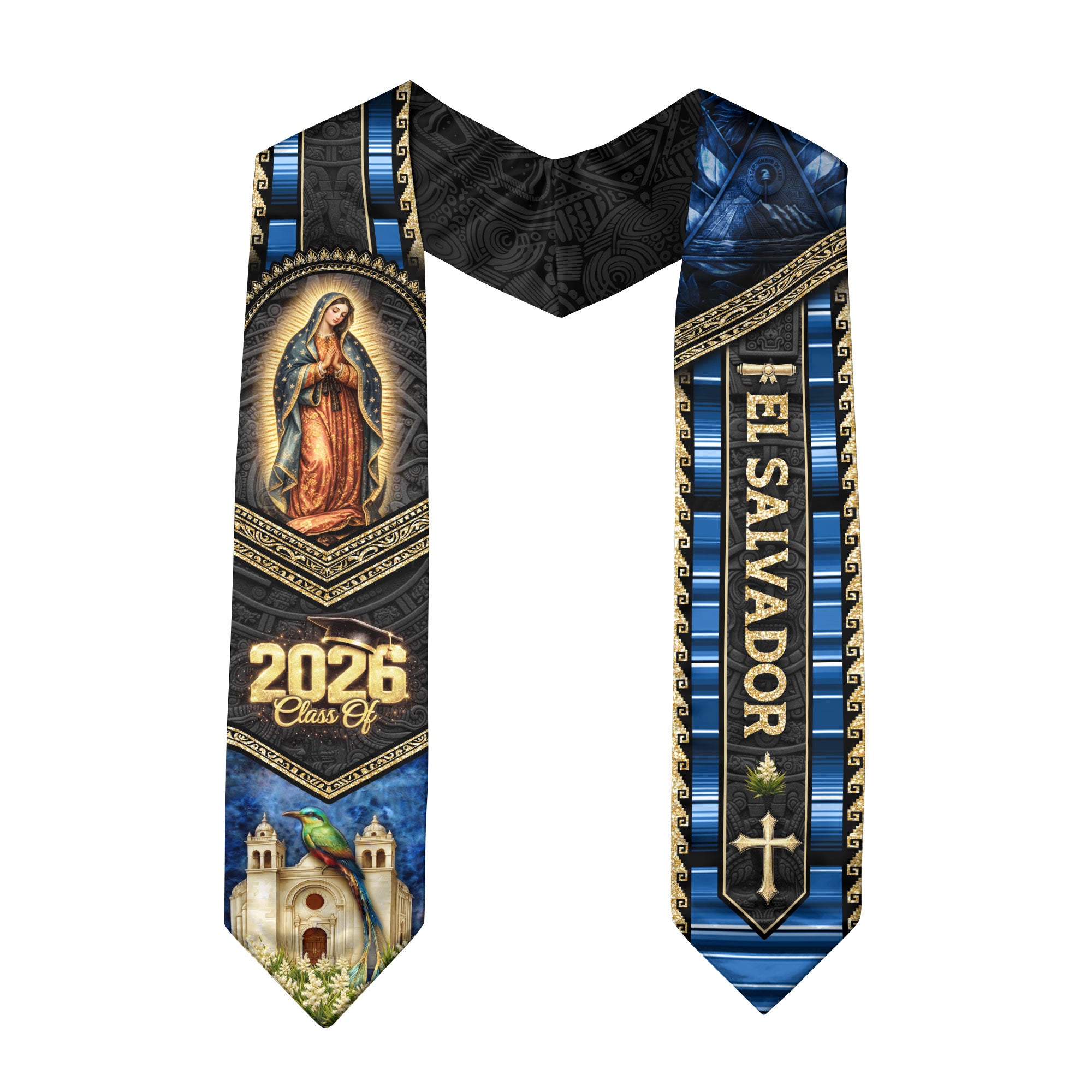 El Salvador Graduation Stole 2026 - Virgin Mary & Torogoz Bird Heritage Sash