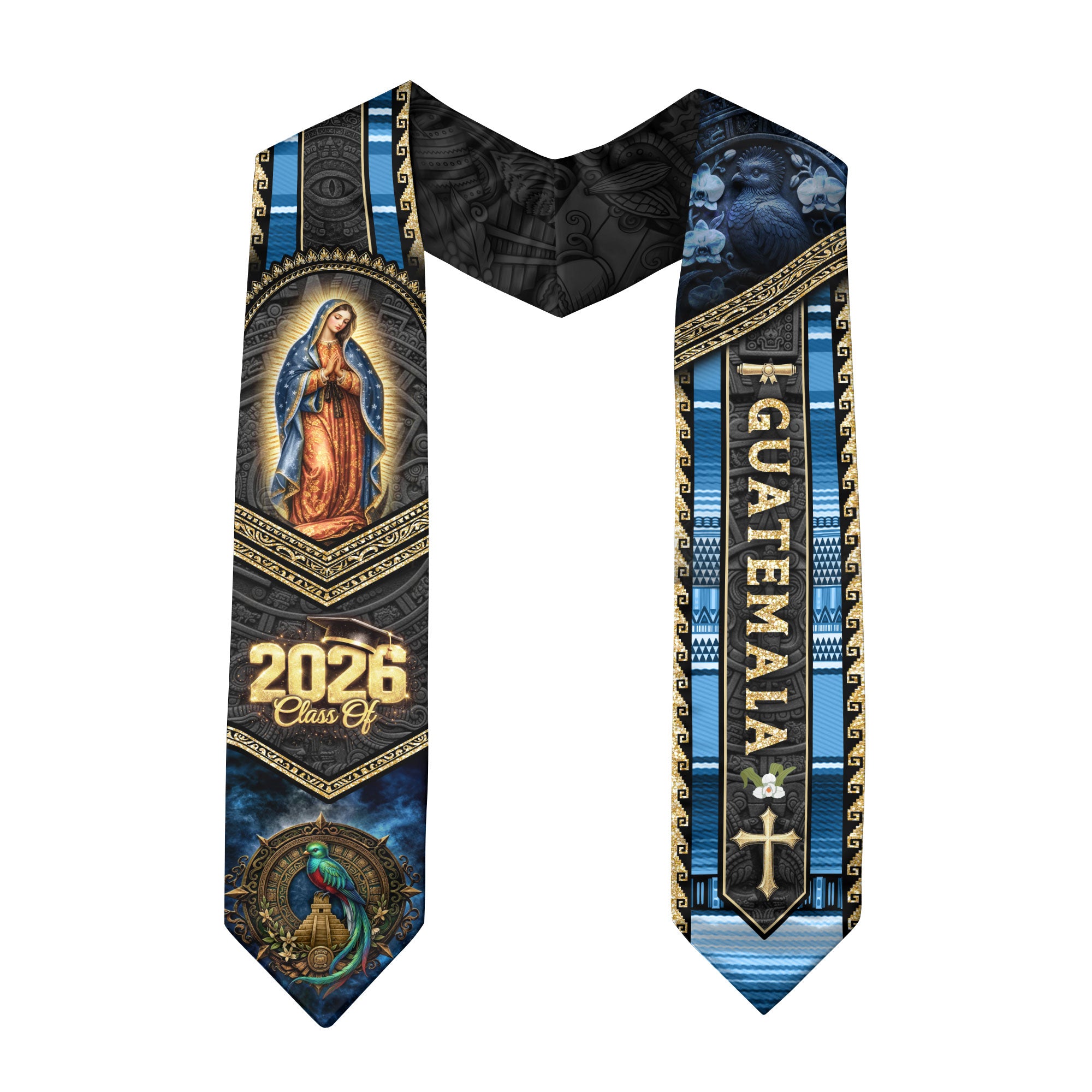 Guatemala Graduation Stole 2026 Catholic Virgin Mary Graduation Sash Blue Gold Cultural Design