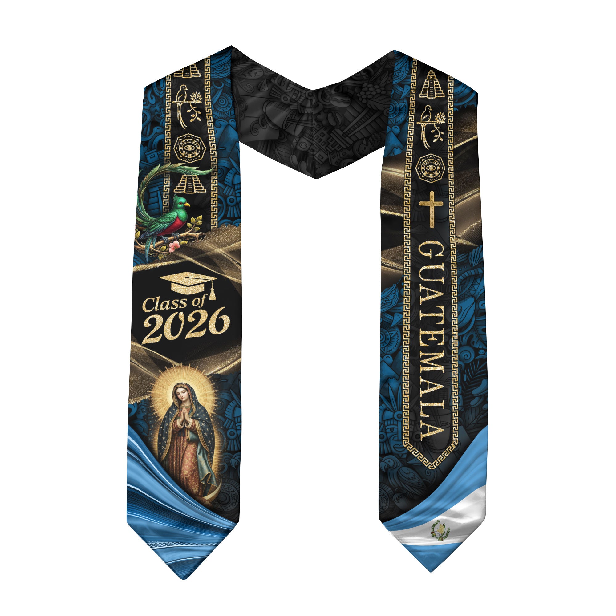 Guatemala Graduation Stole 2026 Virgin Mary Cross Quetzal Mayan Cultural Blue Gold Design