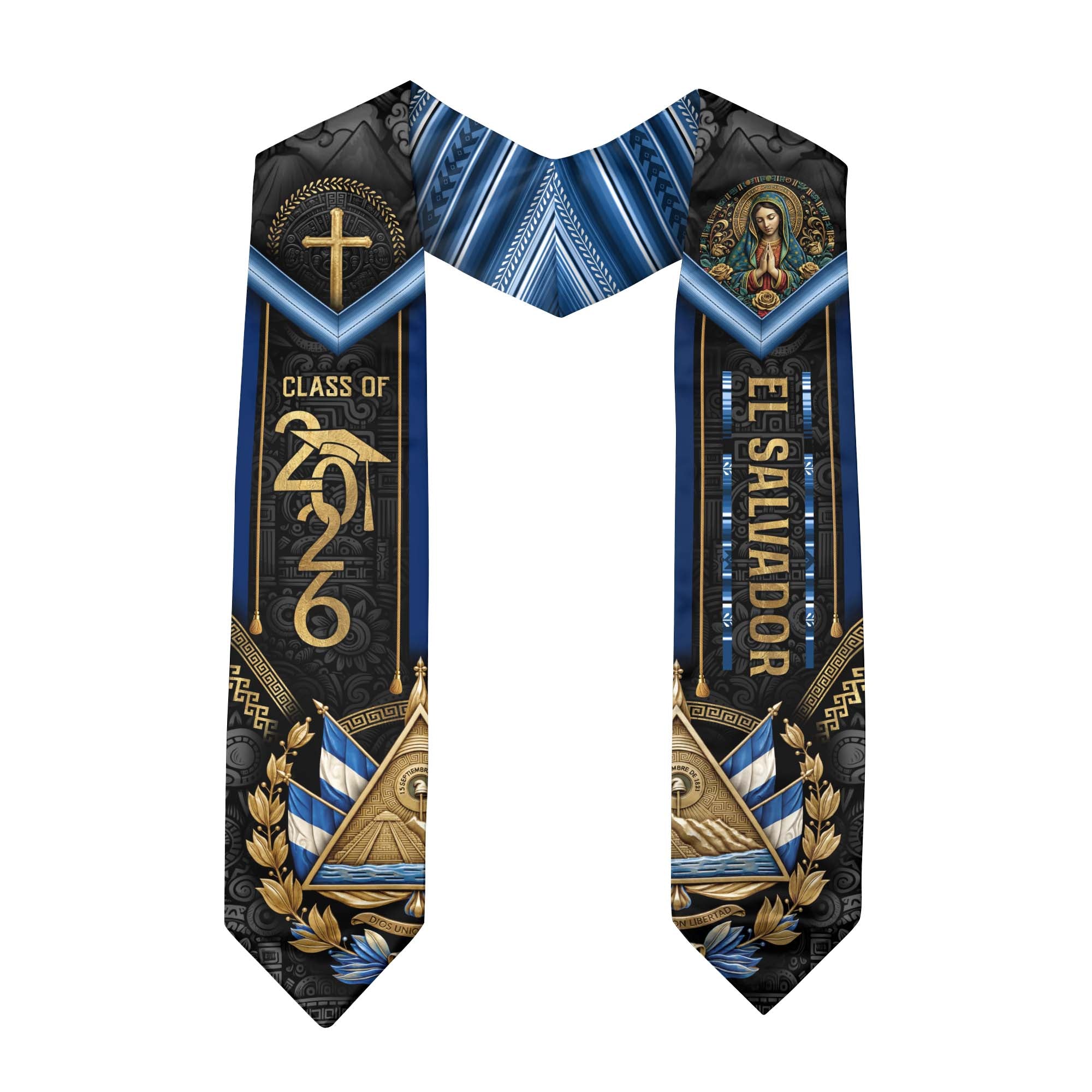 El Salvador Graduation Stole 2026 - Virgin Mary & Cross Heritage Sash Class of 2026