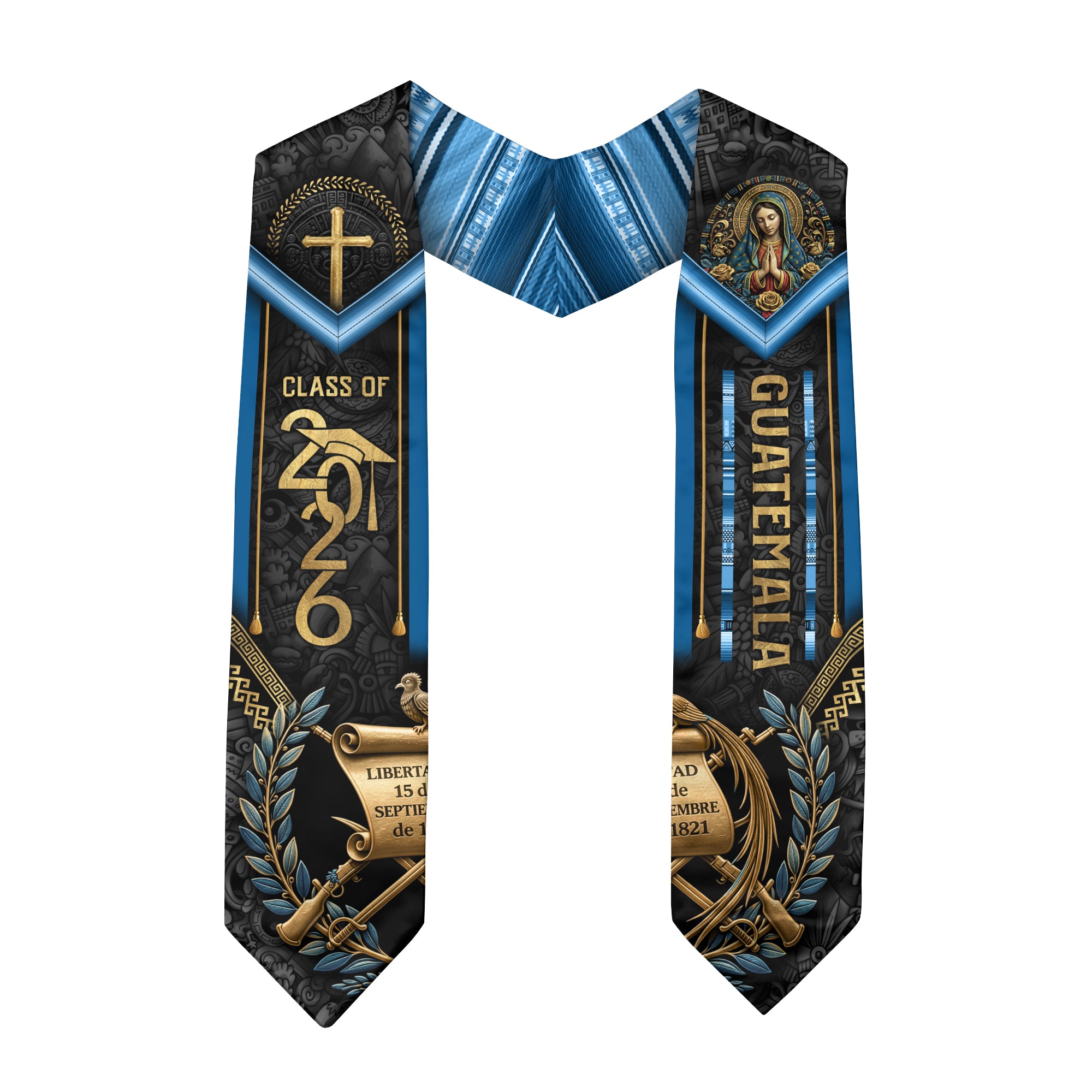 Guatemala Graduation Stole 2026 National Emblem Virgin Mary Cross Blue Academic Design