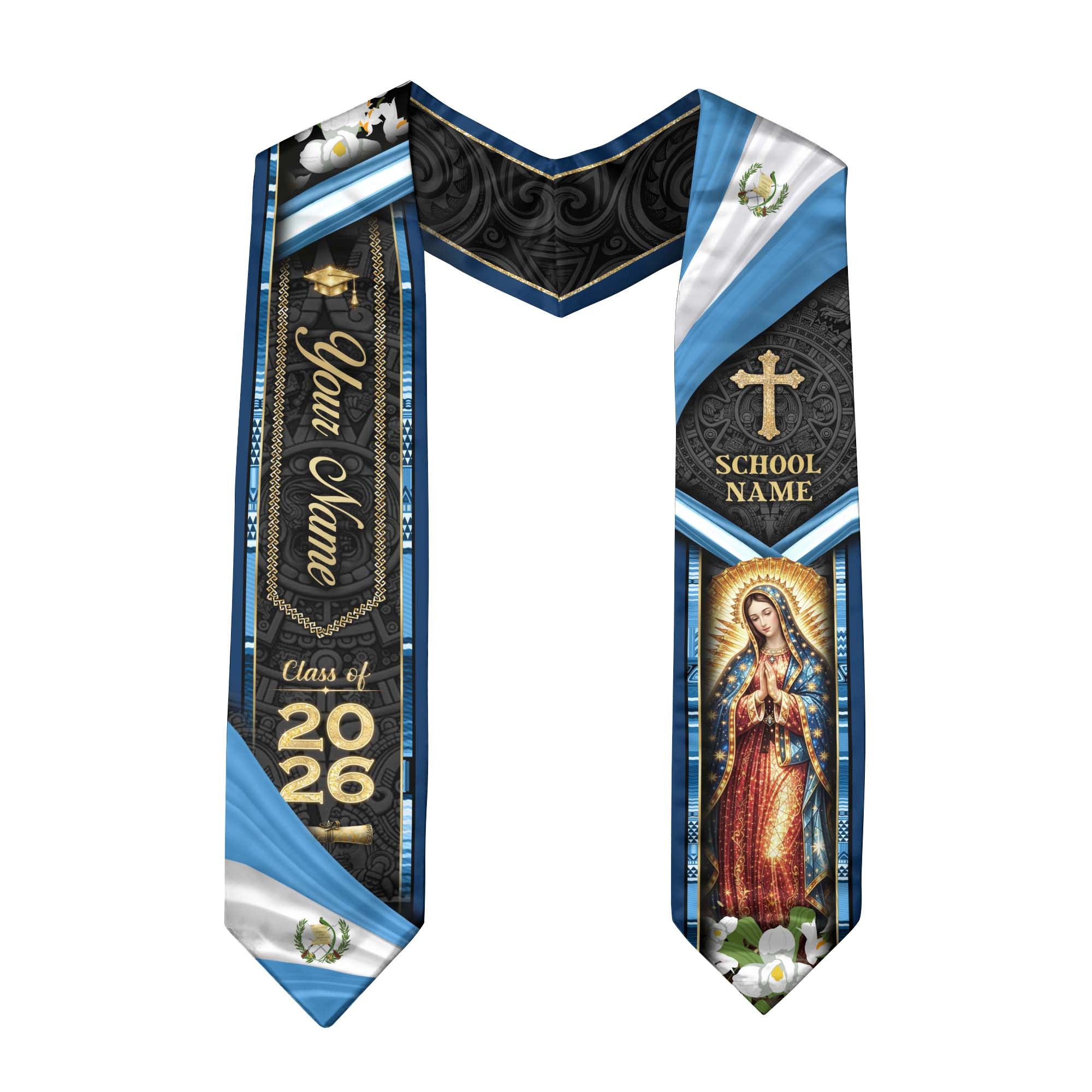 Guatemala Graduation Stole Custom 2026 Guadalupe Cross Flag Blue Sash Gift