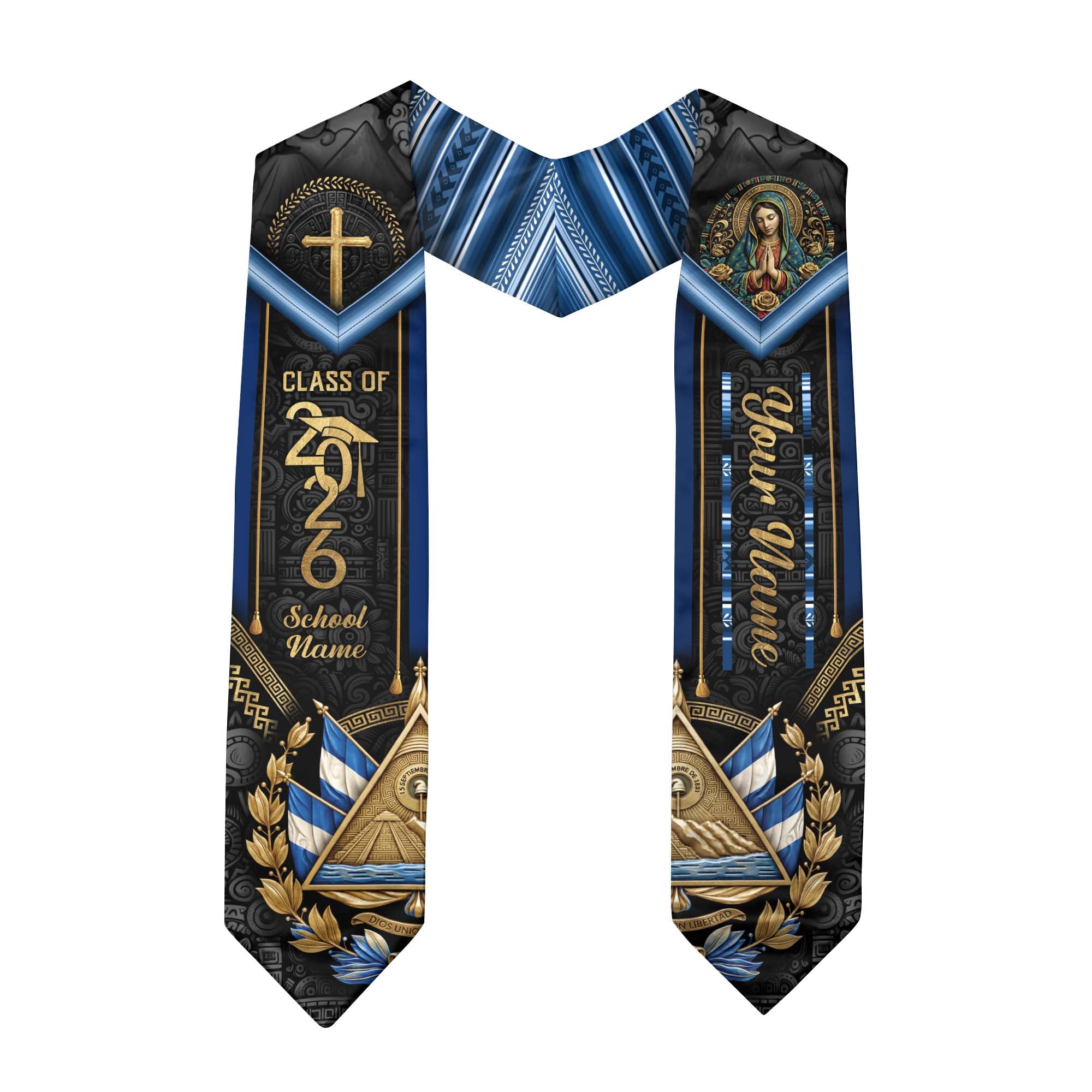 El Salvador Graduation Stole 2026 - Personalized Name Gold Cross Heritage Sash