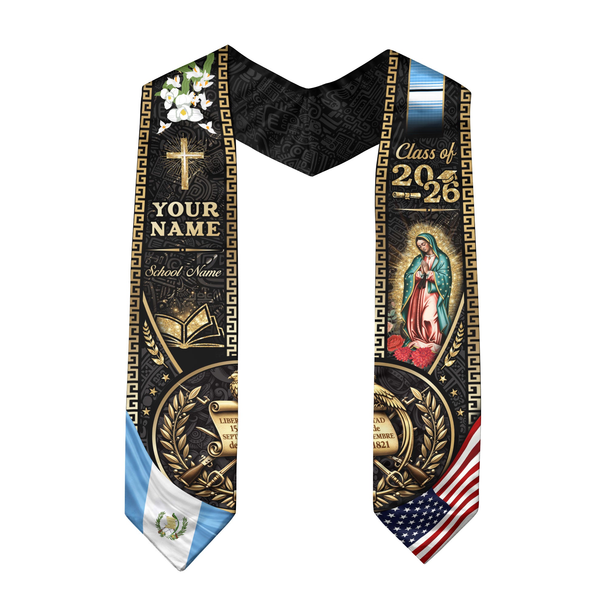 Guatemala Graduation Stole 2026 Custom Name School Name USA Guatemala Flag Virgin Mary Cross Academic Design