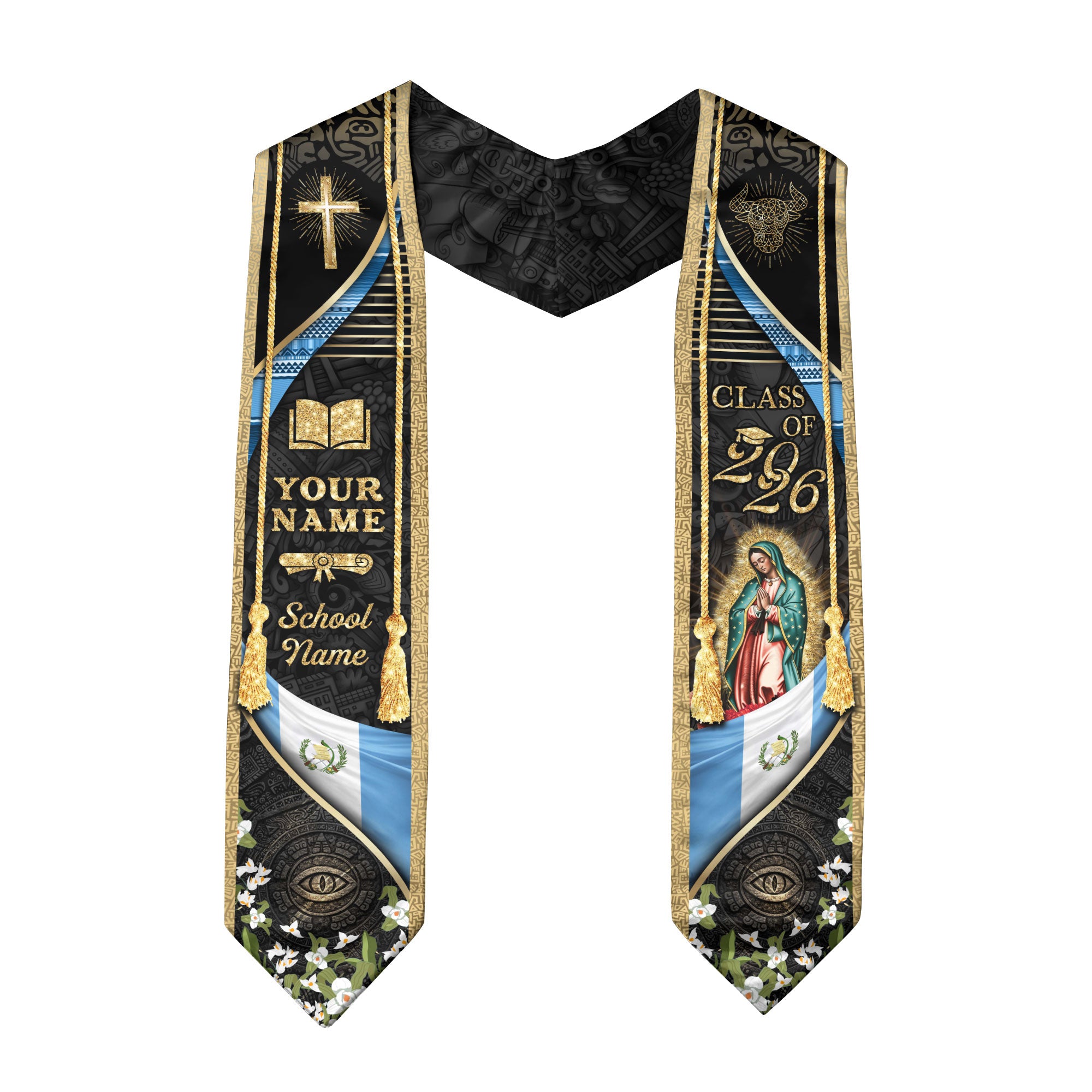 Customized Guatemala Graduation Stole Class of 2026 Name School Year Virgin Mary Cross Cultural Design