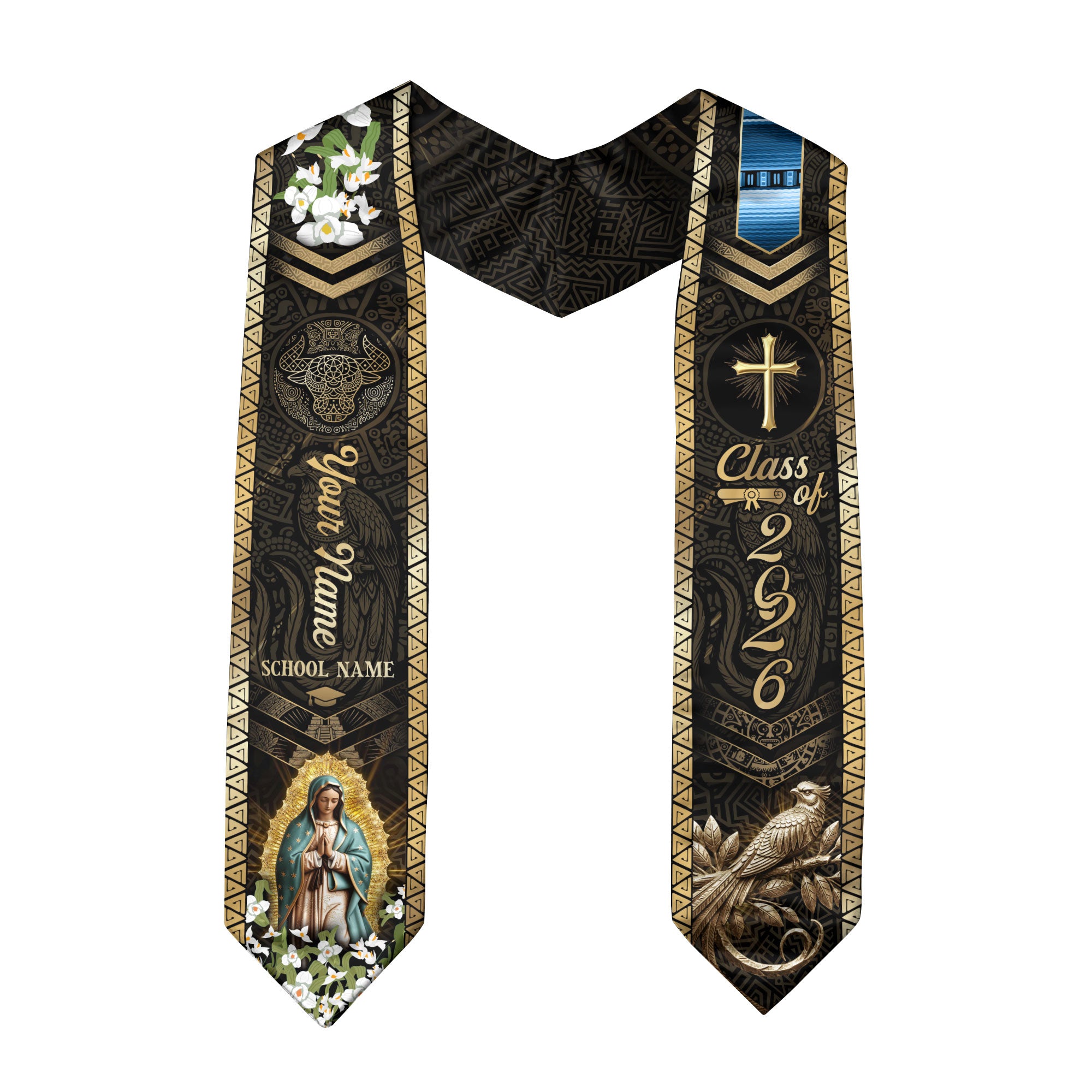 Customized Guatemala Graduation Stole Class of 2026 Name School Virgin Mary Cross Quetzal Cultural Design