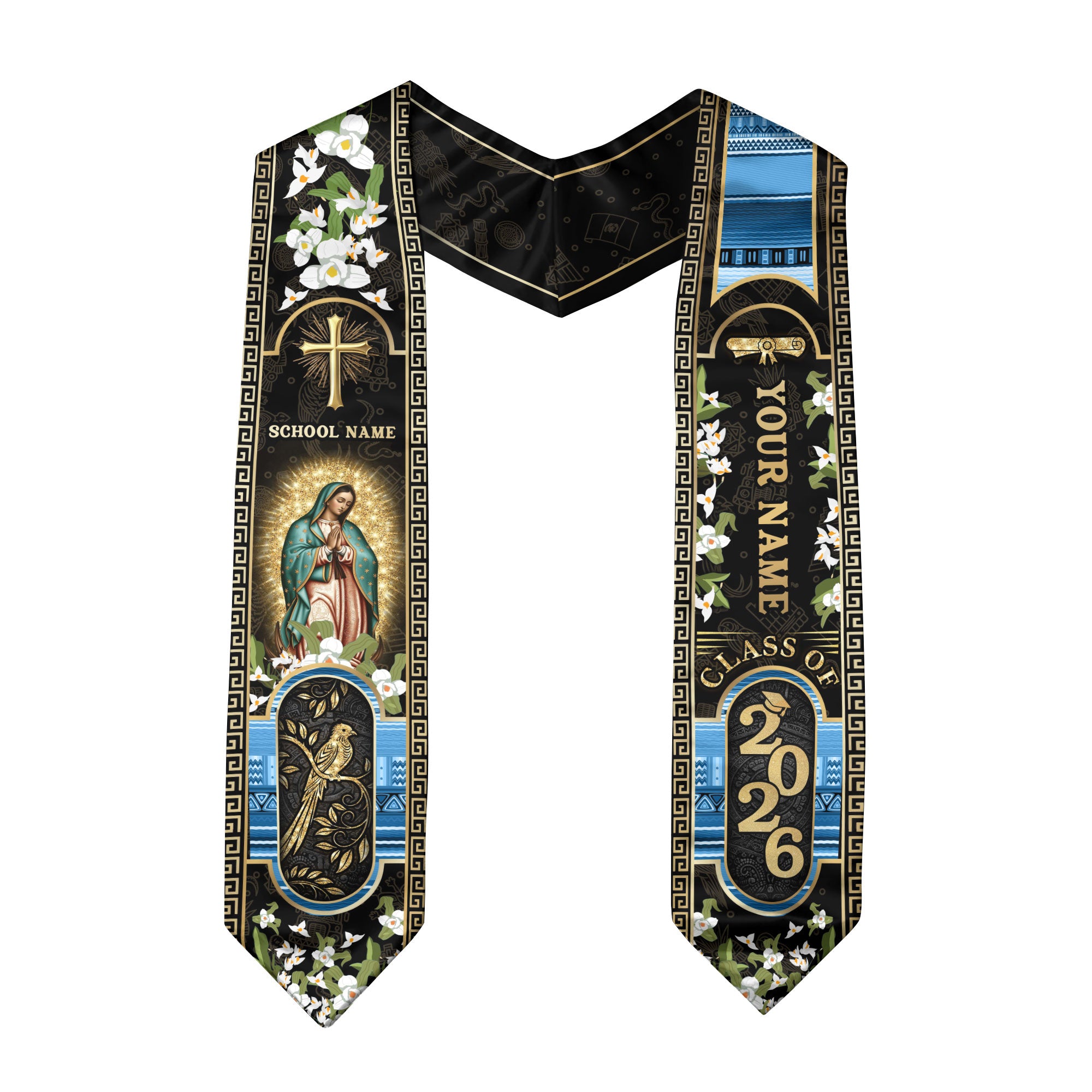 Customized Guatemala Graduation Stole Class of 2026 Personalized Name School Virgin Mary Cross Elegant Floral Style