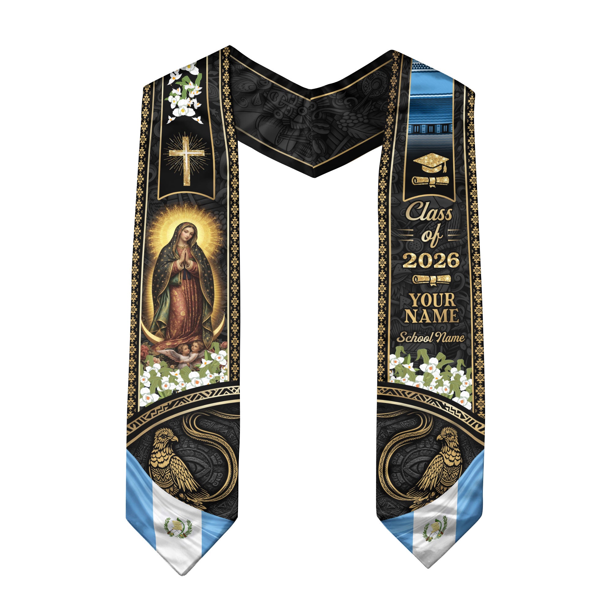 Customized Guatemala Graduation Stole Class of 2026 Name School Catholic Virgin Mary Quetzal Heritage Design