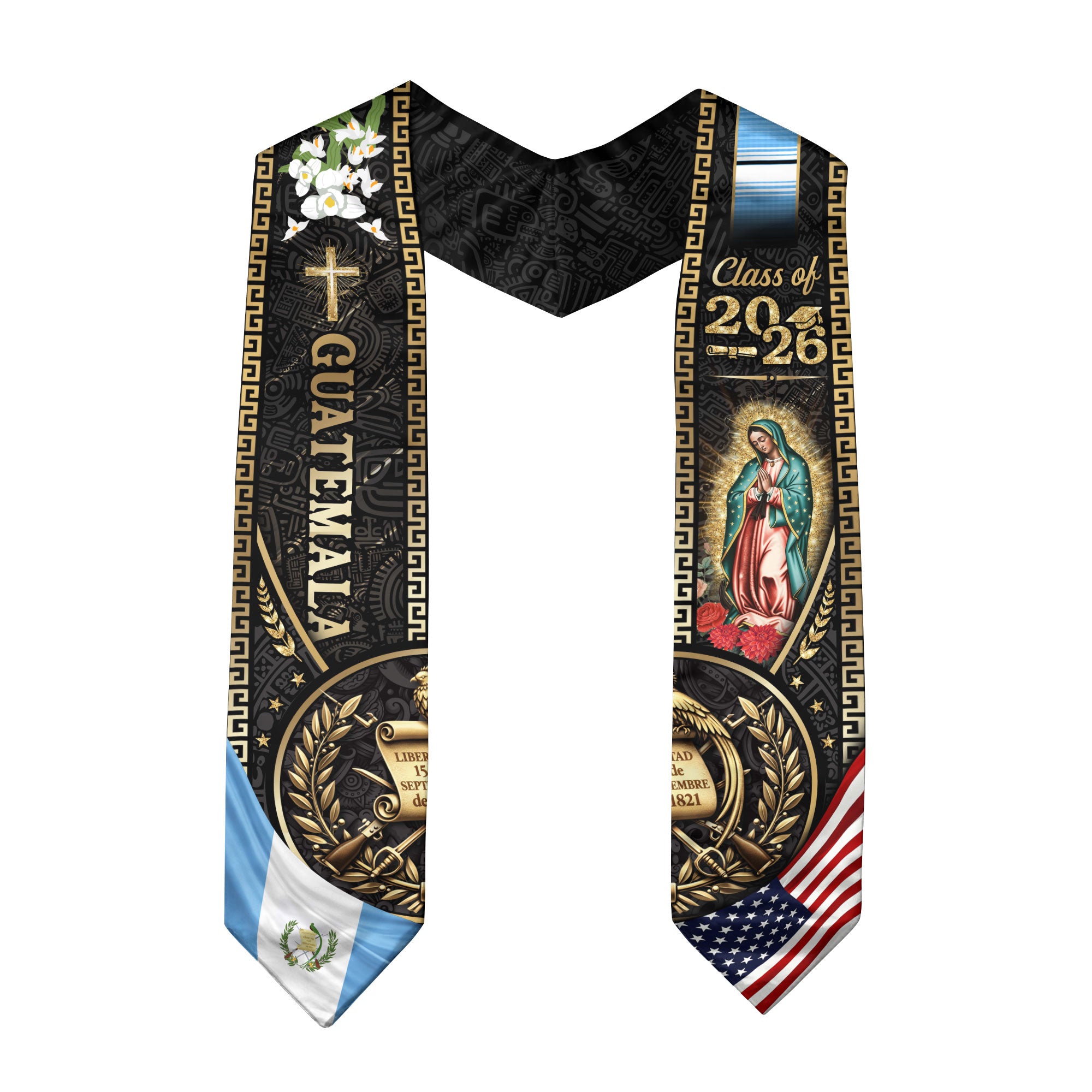 Guatemala Graduation Stole 2026, USA Guatemala Flag Graduation Sash, Catholic Virgin Mary Classic Academic Design