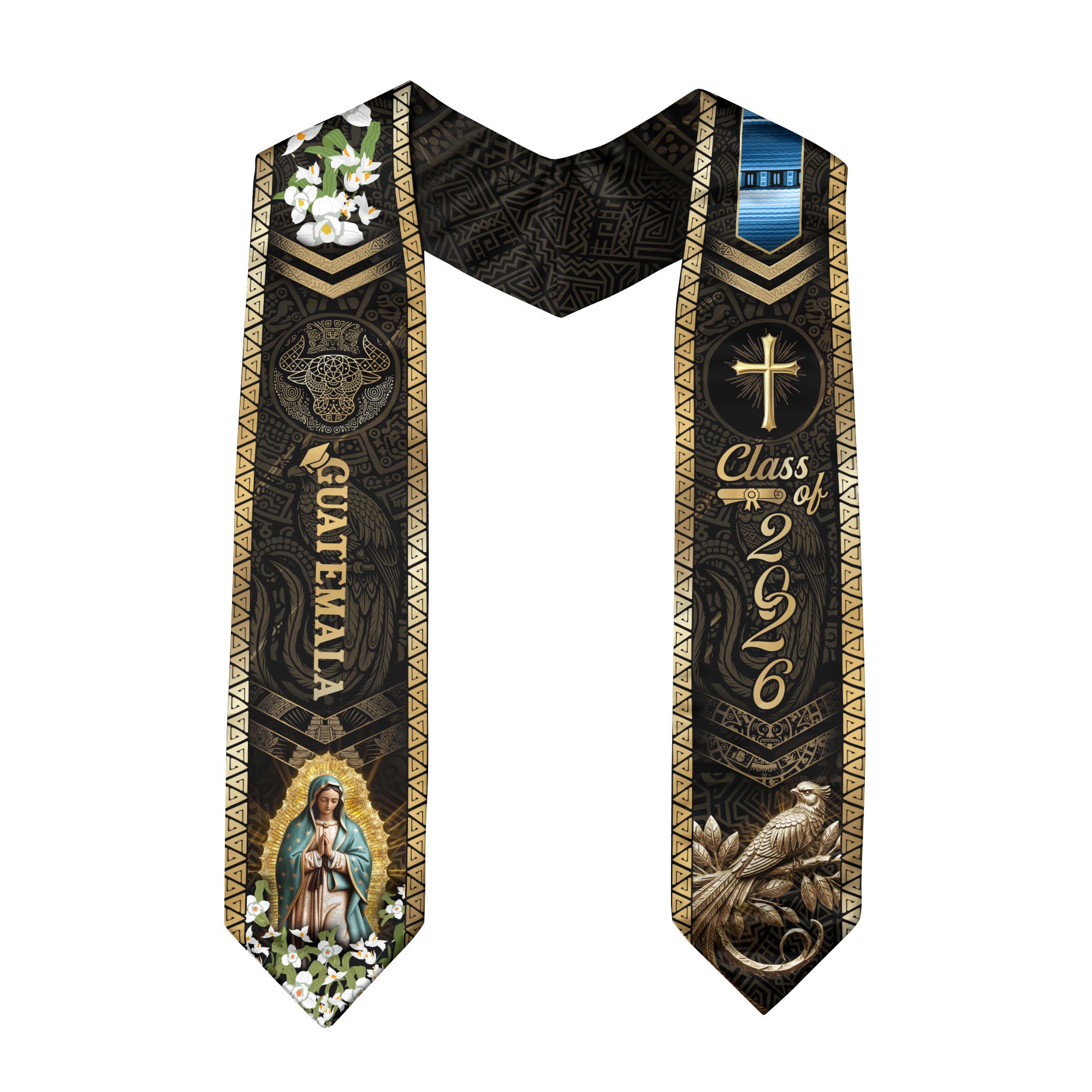 Guatemalan Graduation Stole 2026, Religious Academic Sash, Elegant Virgin Mary Design