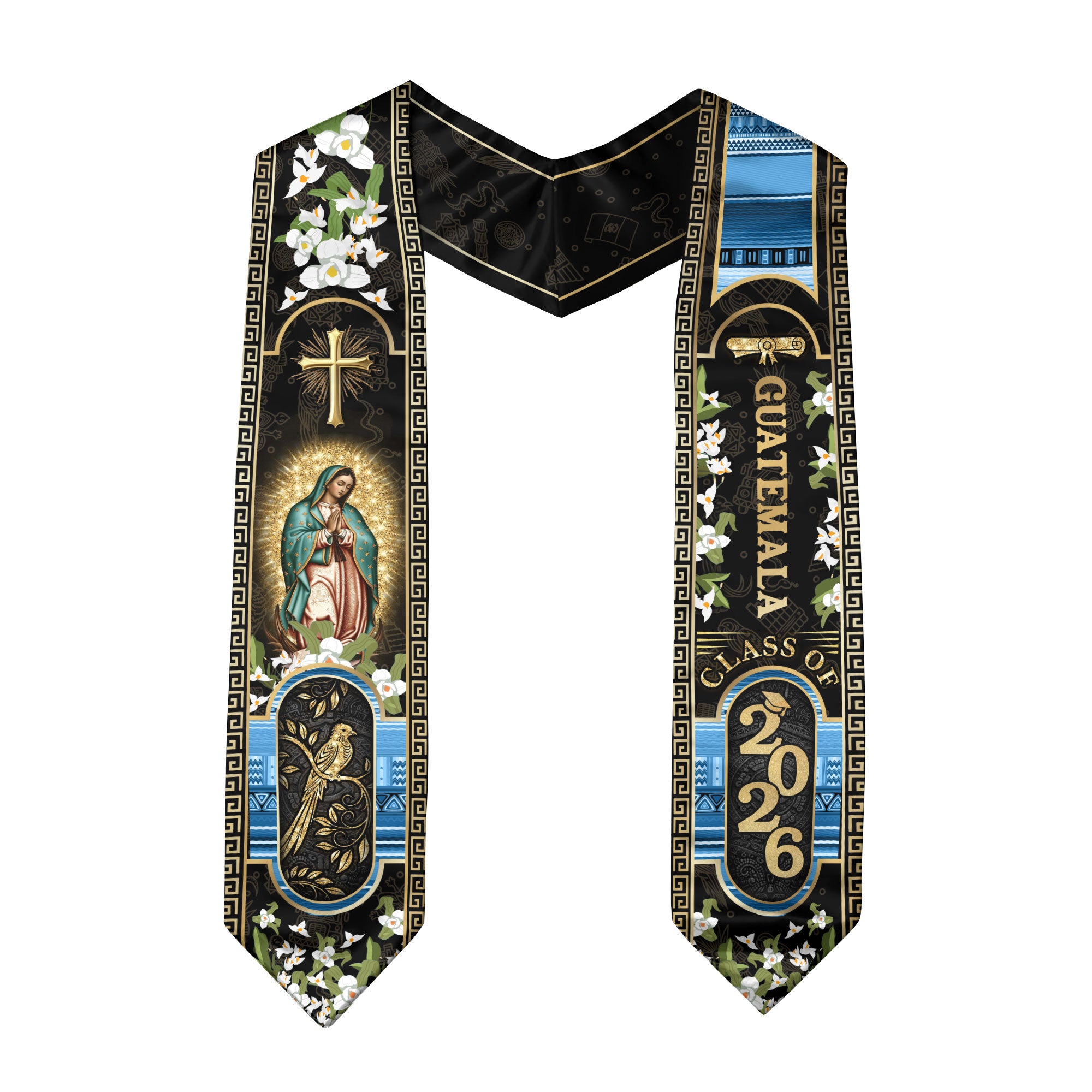 Guatemala Graduation Stole 2026, Catholic Graduation Sash, Virgin Mary Blue Gold Academic Design