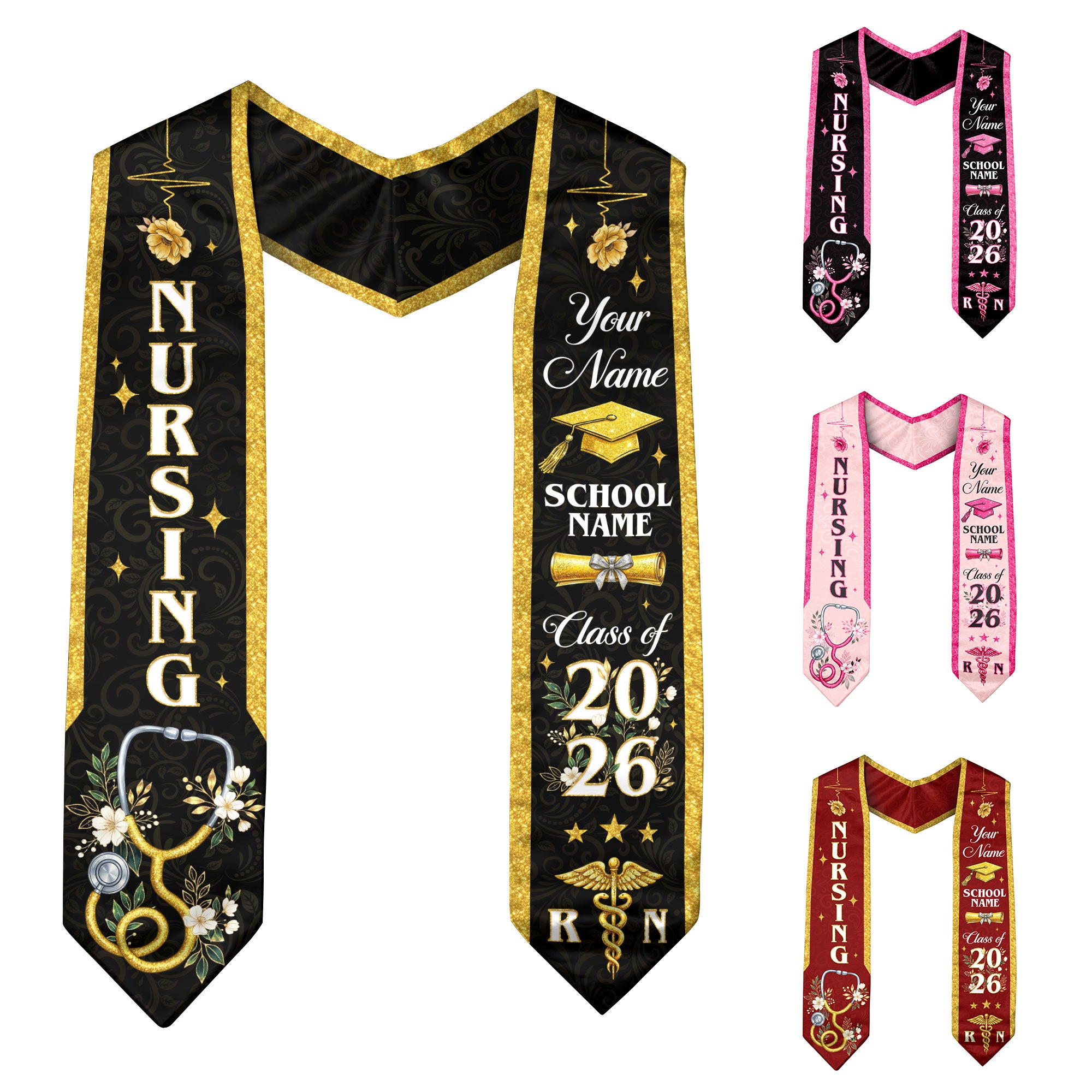 RN Nursing Graduation Stole, Class of 2026, Custom Name School, Stethoscope Pattern, Sash Gift