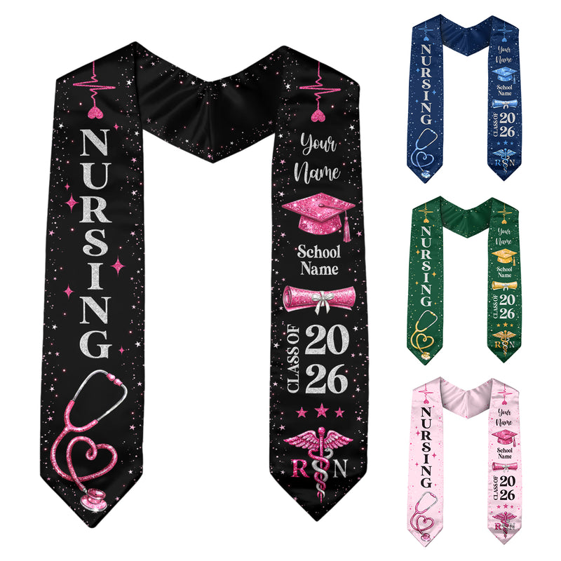 RN Nursing Graduation Stole, Class of 2026, Personalized Name and School, Heartbeat Design, Graduation Sash Gift