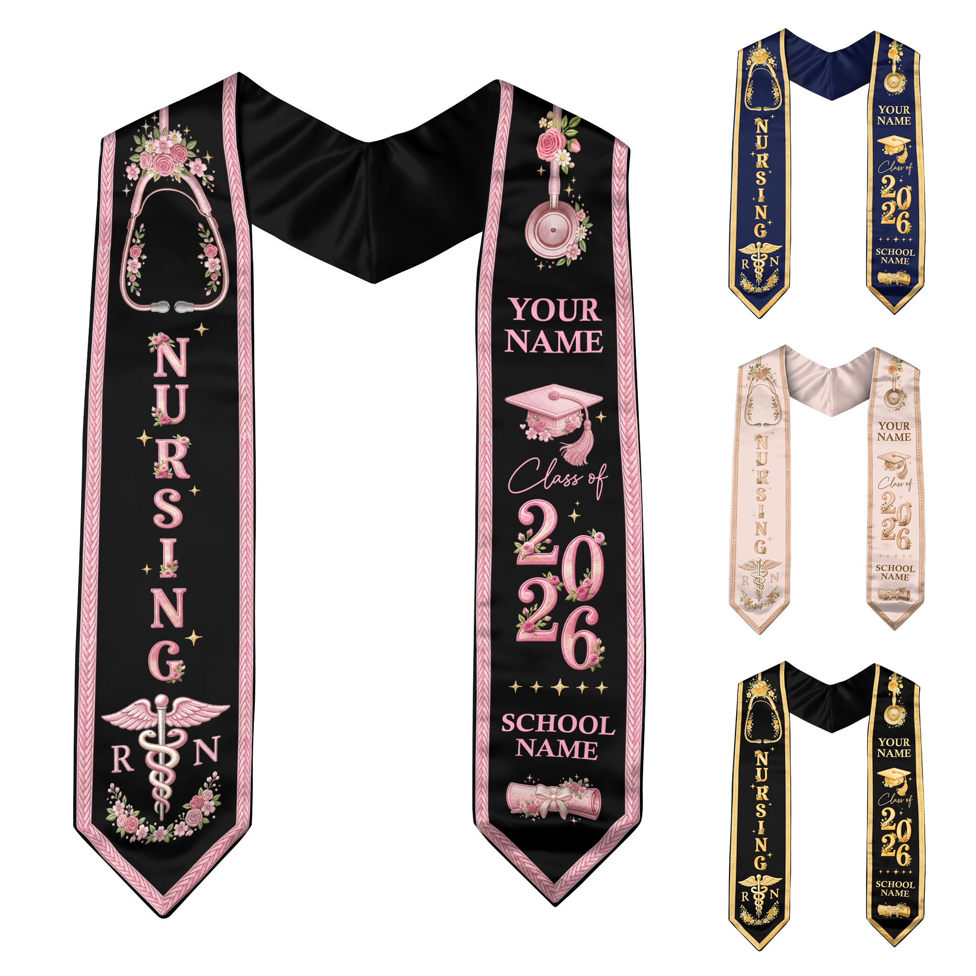 RN Nursing Stole Class of 2026, Personalized Graduation Sash, Custom Name School Detail, Elegant Medical Motif Gift