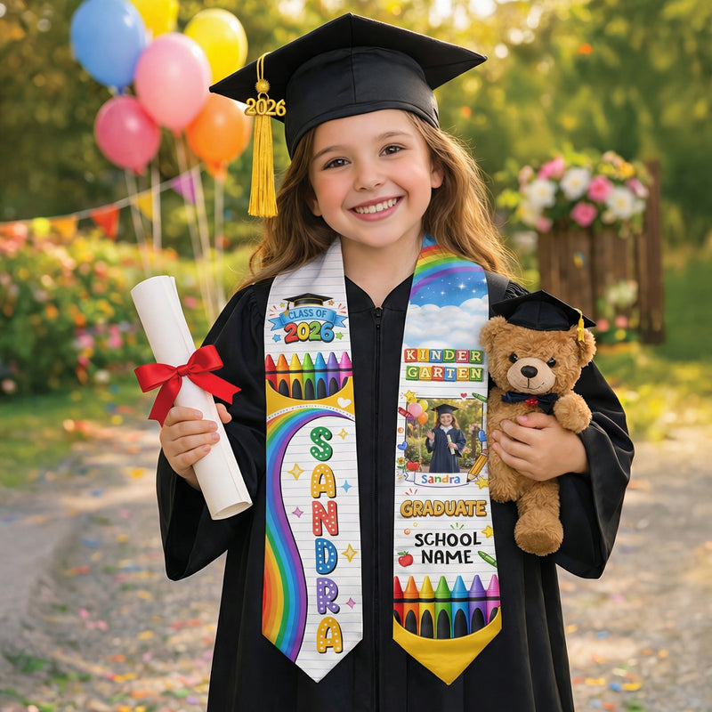 Custom Photo Graduation Stole Kids - Colorful Crayon Rainbow Sash 2026