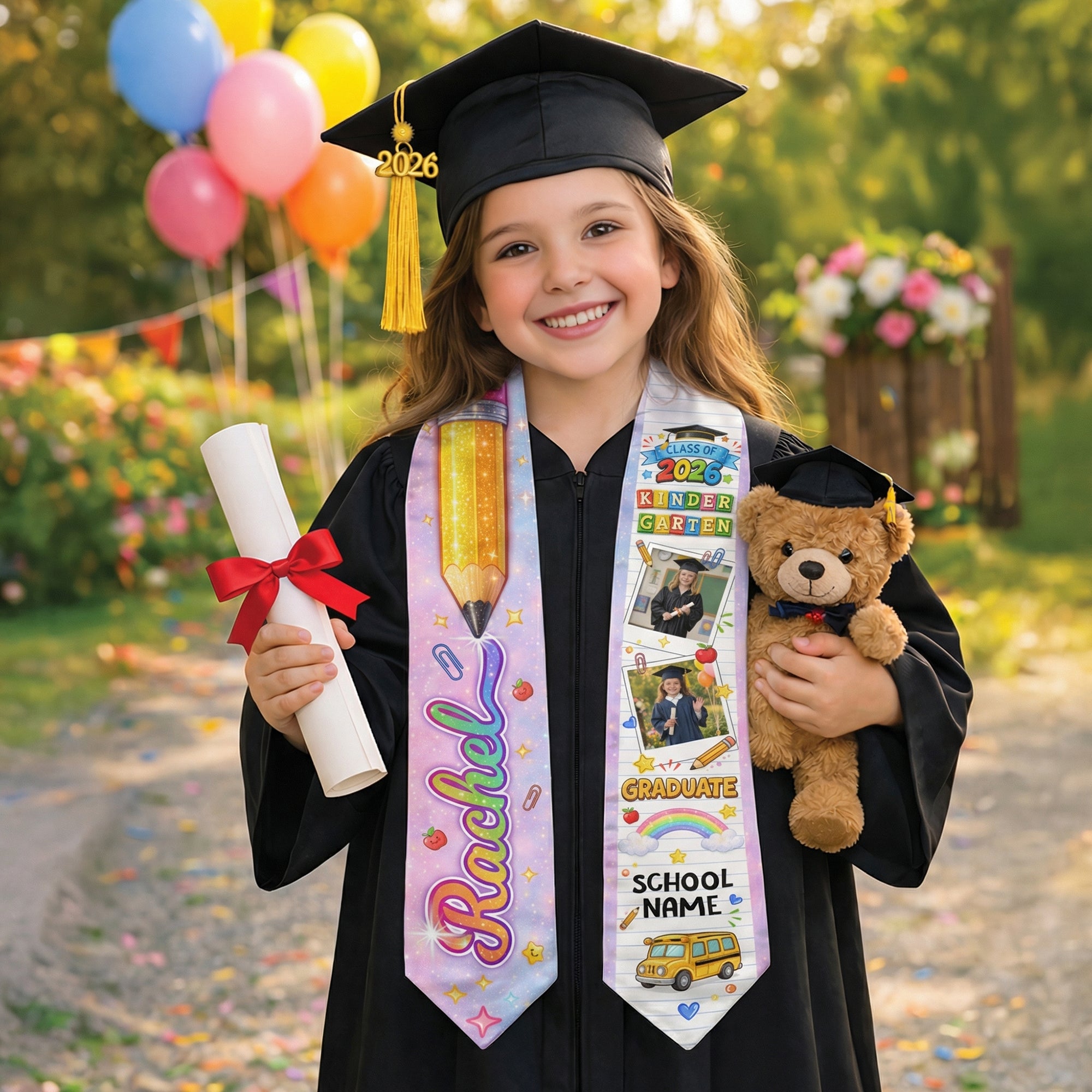 Personalized Kids Graduation Stole - Custom Photo & School Name Star 2026 Sash