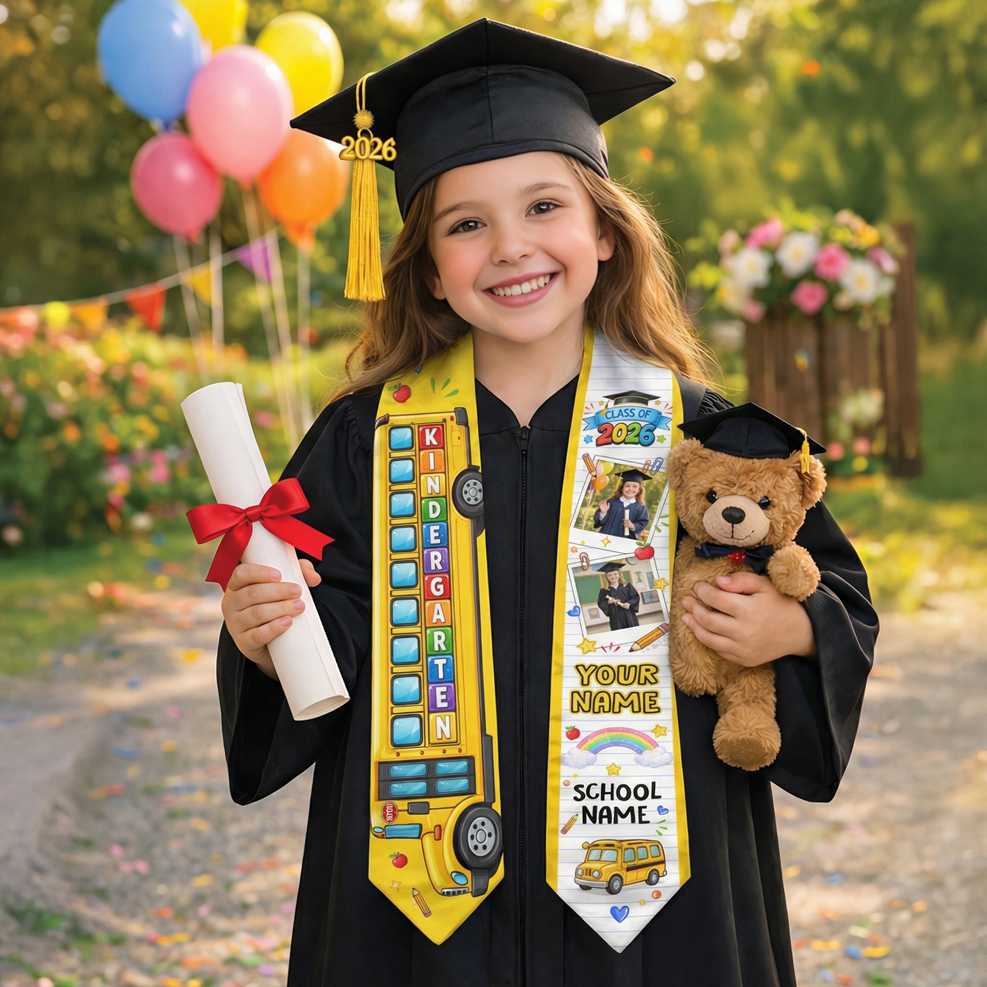 School Bus Kids Graduation Stole with Photo - Personalized Class of 2026 Sash