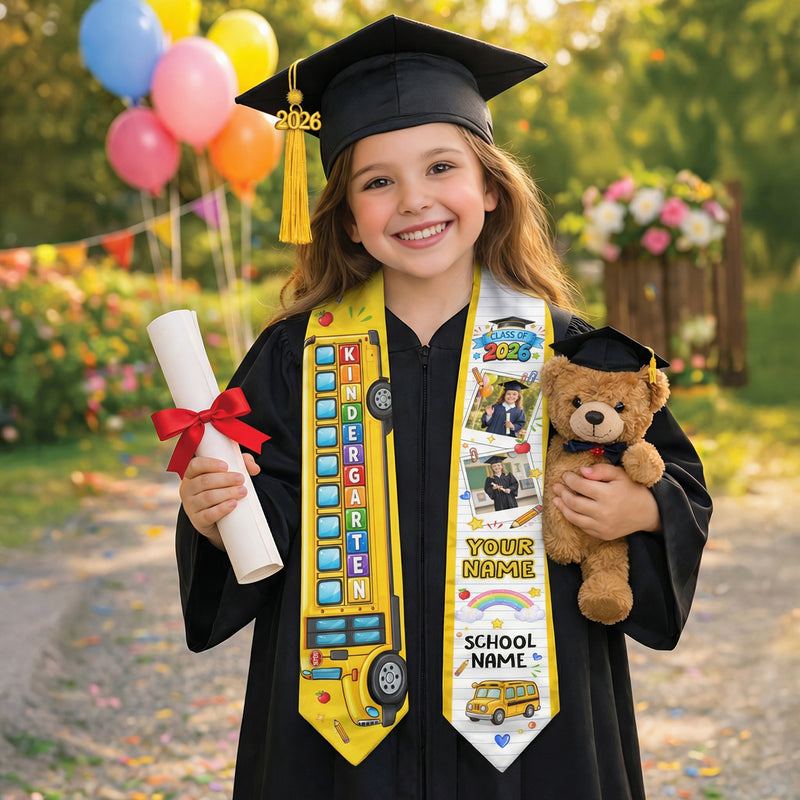 School Bus Kids Graduation Stole with Photo - Personalized Class of 2026 Sash
