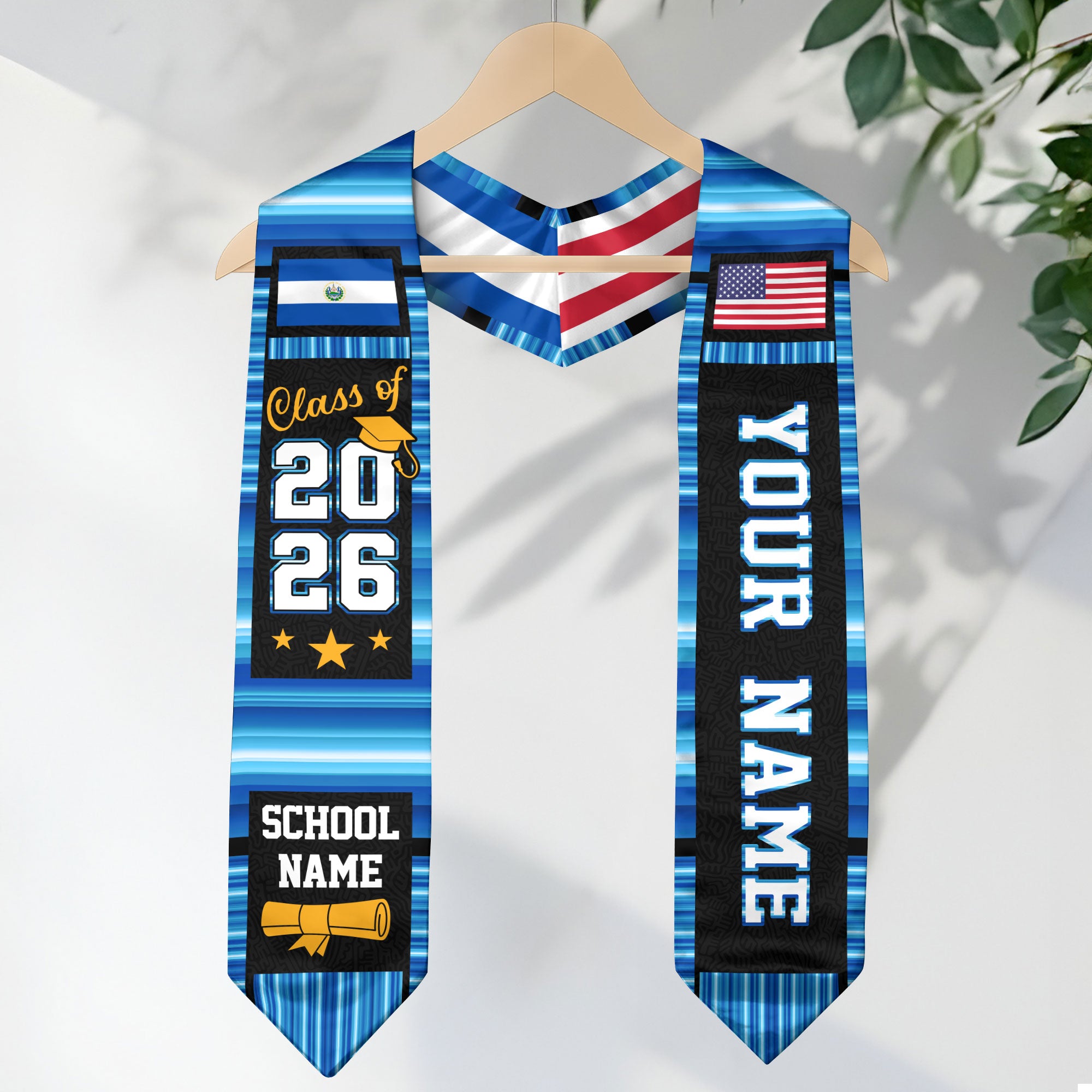 El Salvador Graduation Stole 2026, El Salvador Flag Sash, Custom Accent Grad Stole 2026