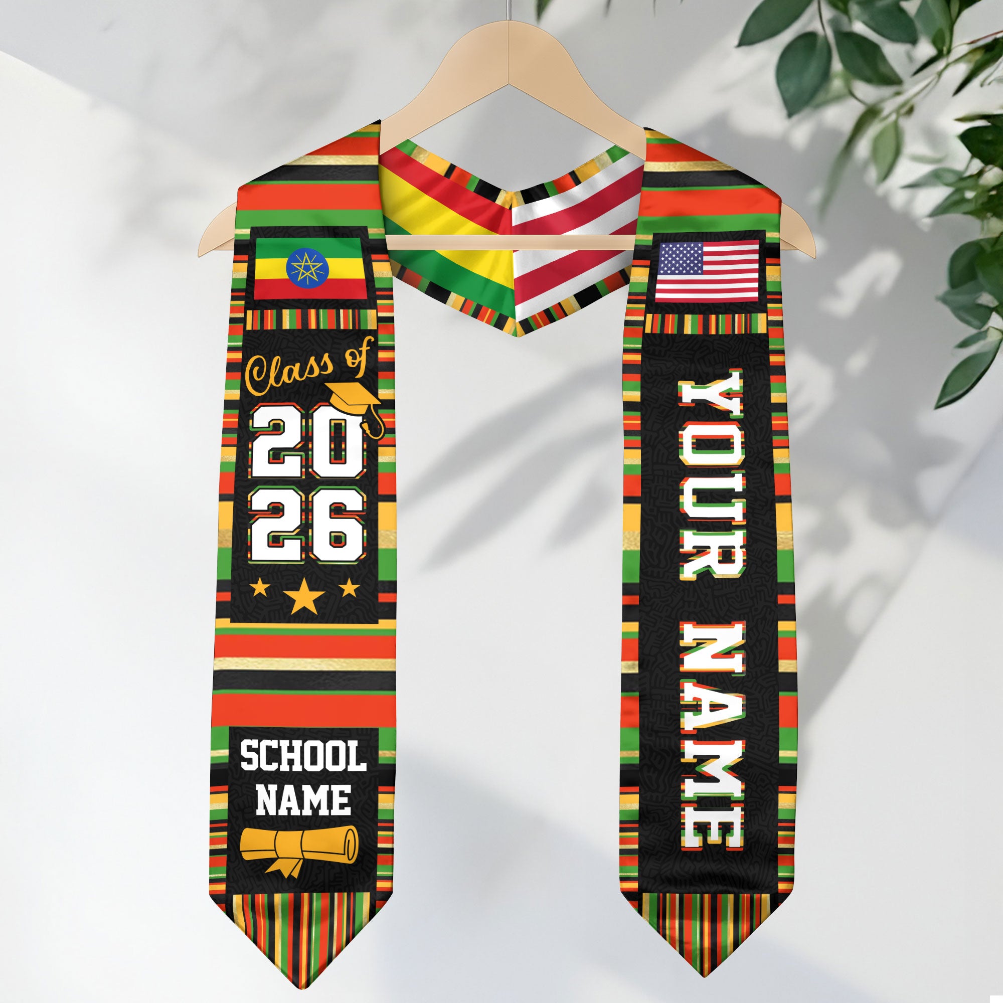 Ethiopia Graduation Stole 2026, Ethiopian Flag Sash, Graduation Stole with Custom Accent