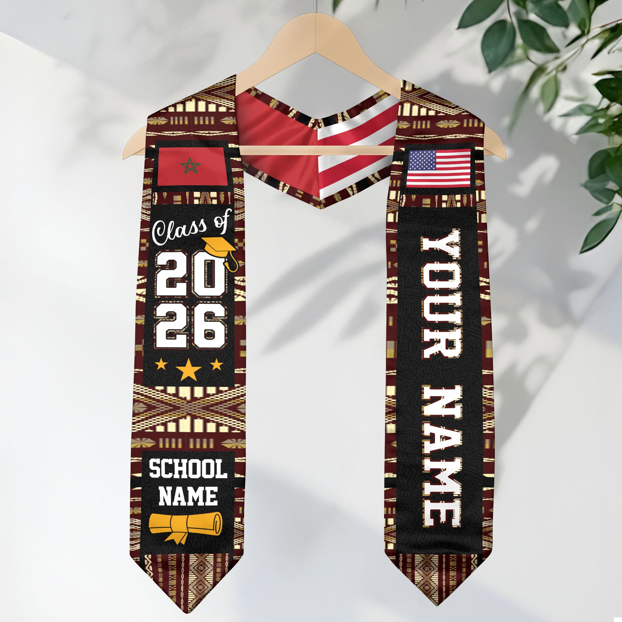 Morocco Graduation Stole 2026, Moroccan Flag Sash, Class of 2026 Custom Trim for Grads