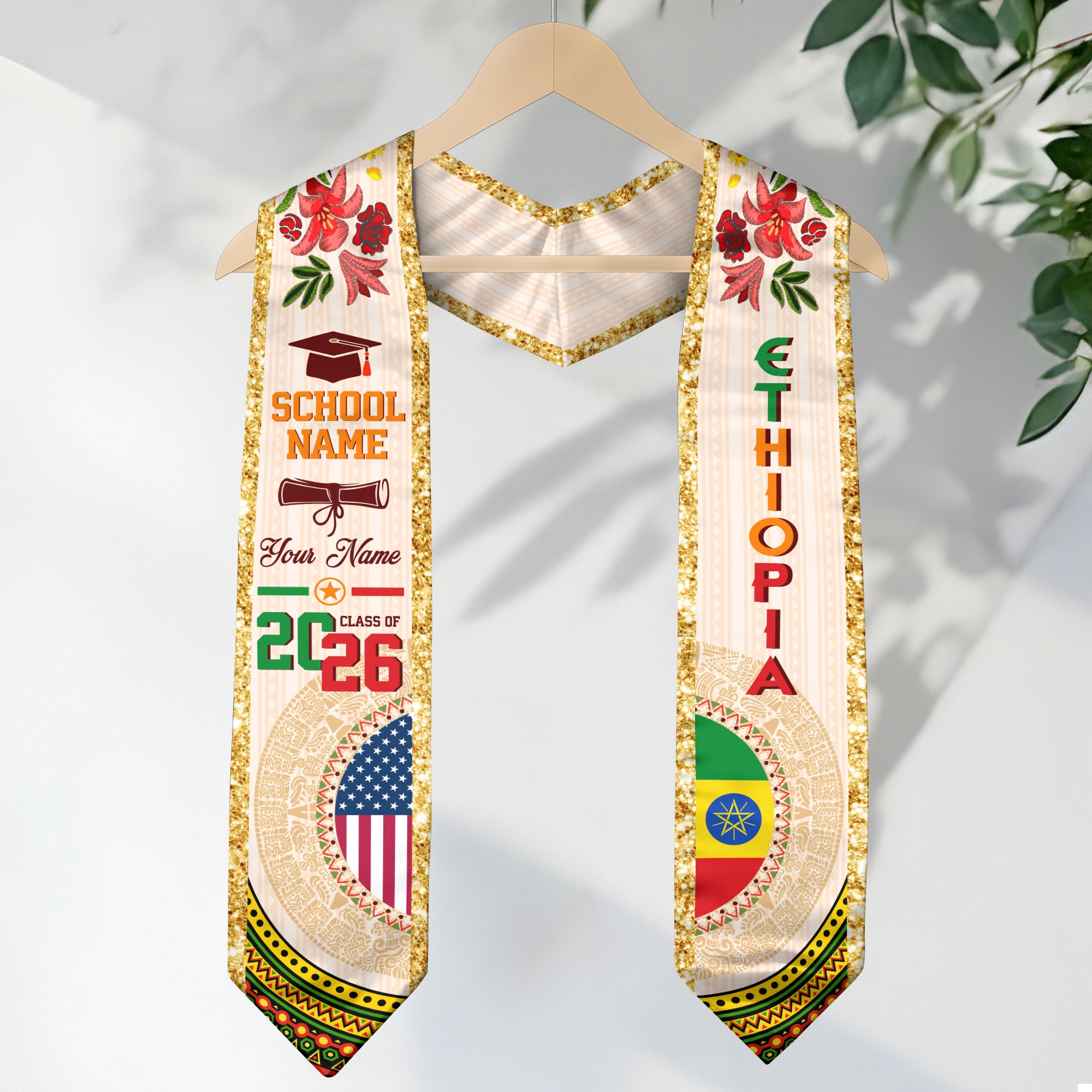 Ethiopian Flag Graduation Sash 2026, Ethiopia Graduation Stole, Customizable Detail Stole