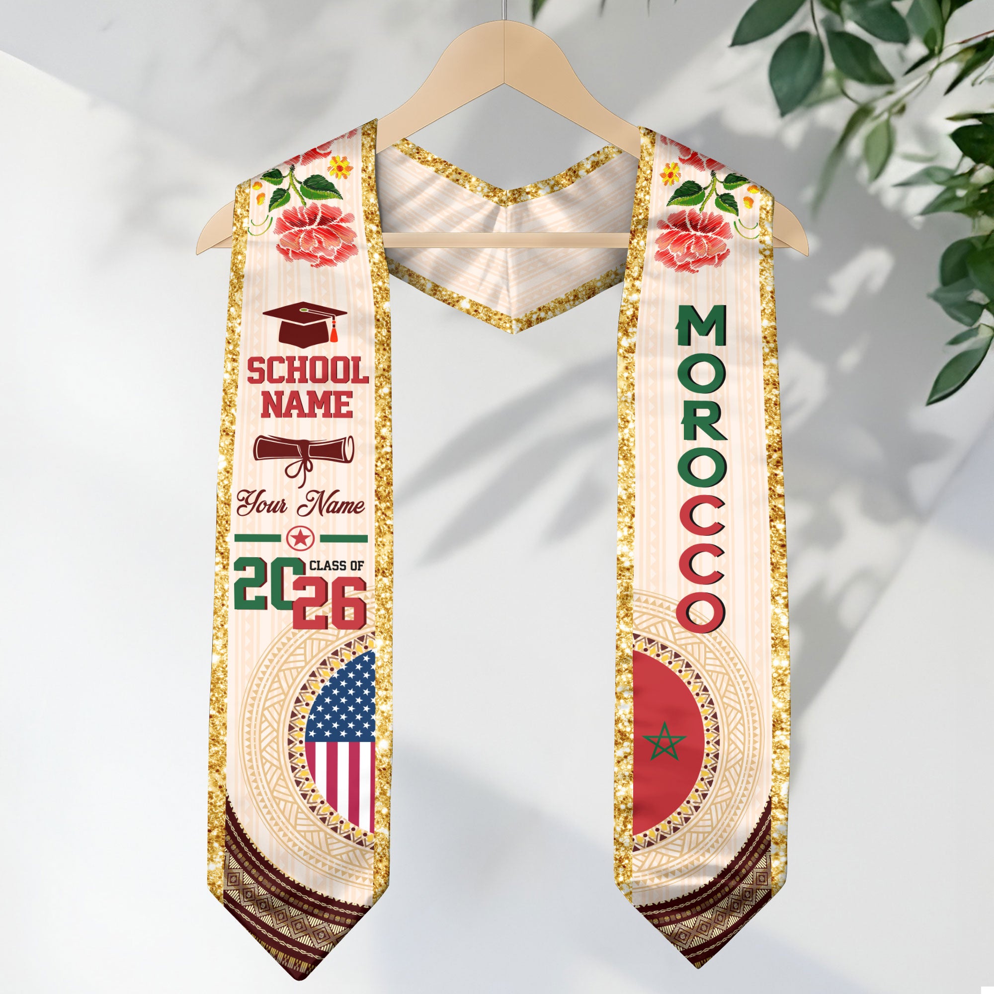 Moroccan Flag Graduation Sash 2026, Morocco Stole, Custom Detail Option for Graduates