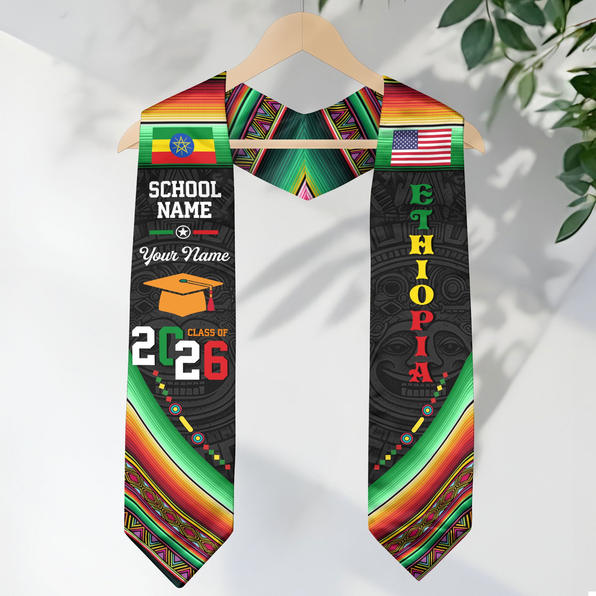 Ethiopia Flag Graduation Stole 2026, Ethiopian Grad Sash, Custom Details for Class of 2026