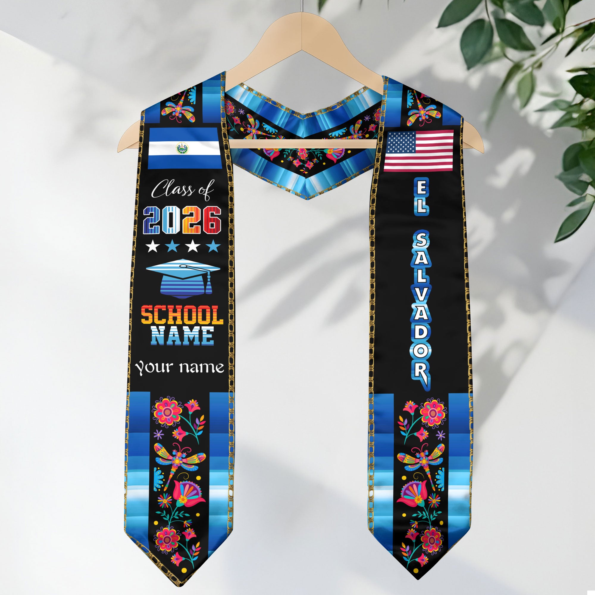 El Salvador Graduation Sash 2026, Salvadoran Flag Stole, Customizable Detail Grad Stole