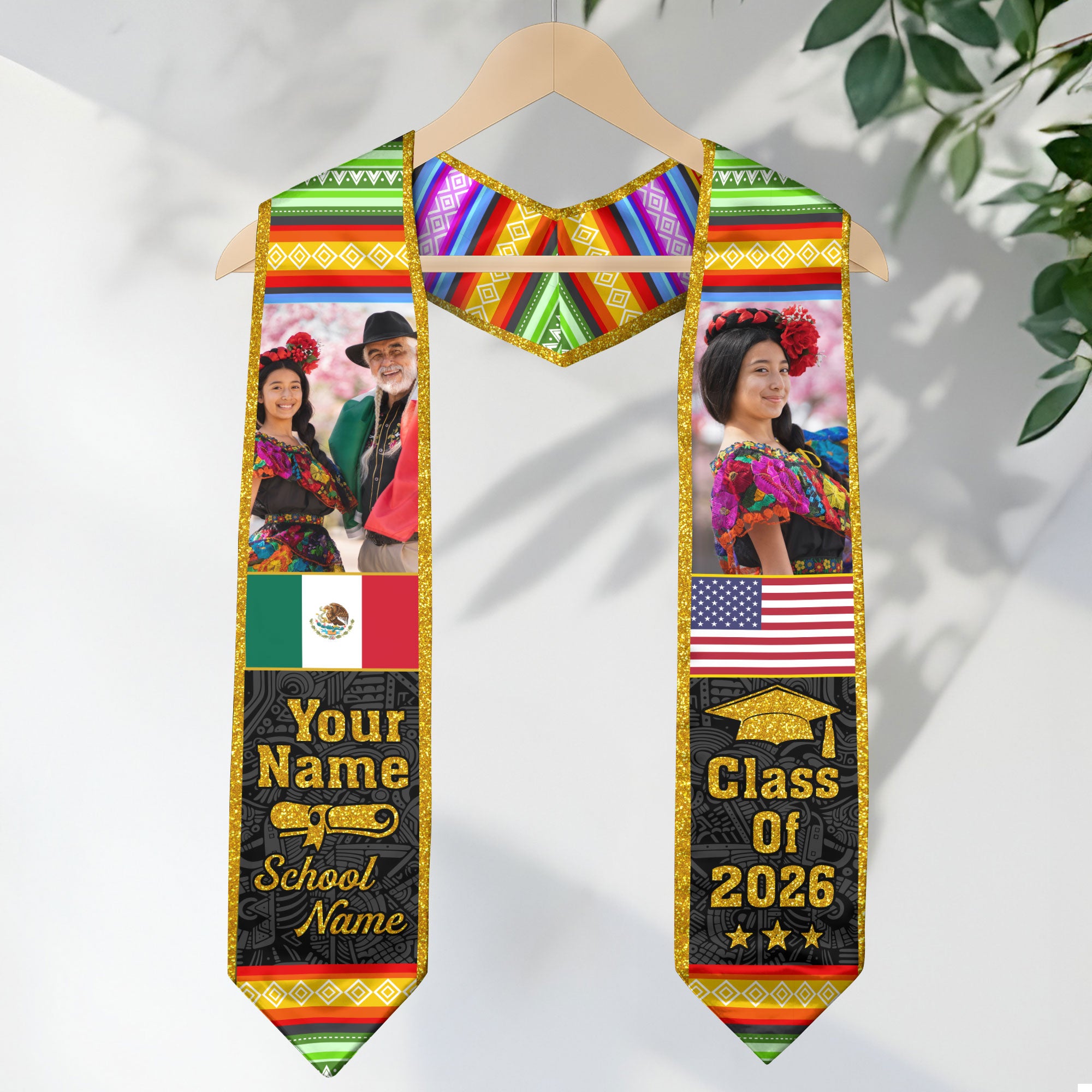 2026 Mexico Graduation Stole, Mexico Flag Sash, Personal Name Detail Option for Grads