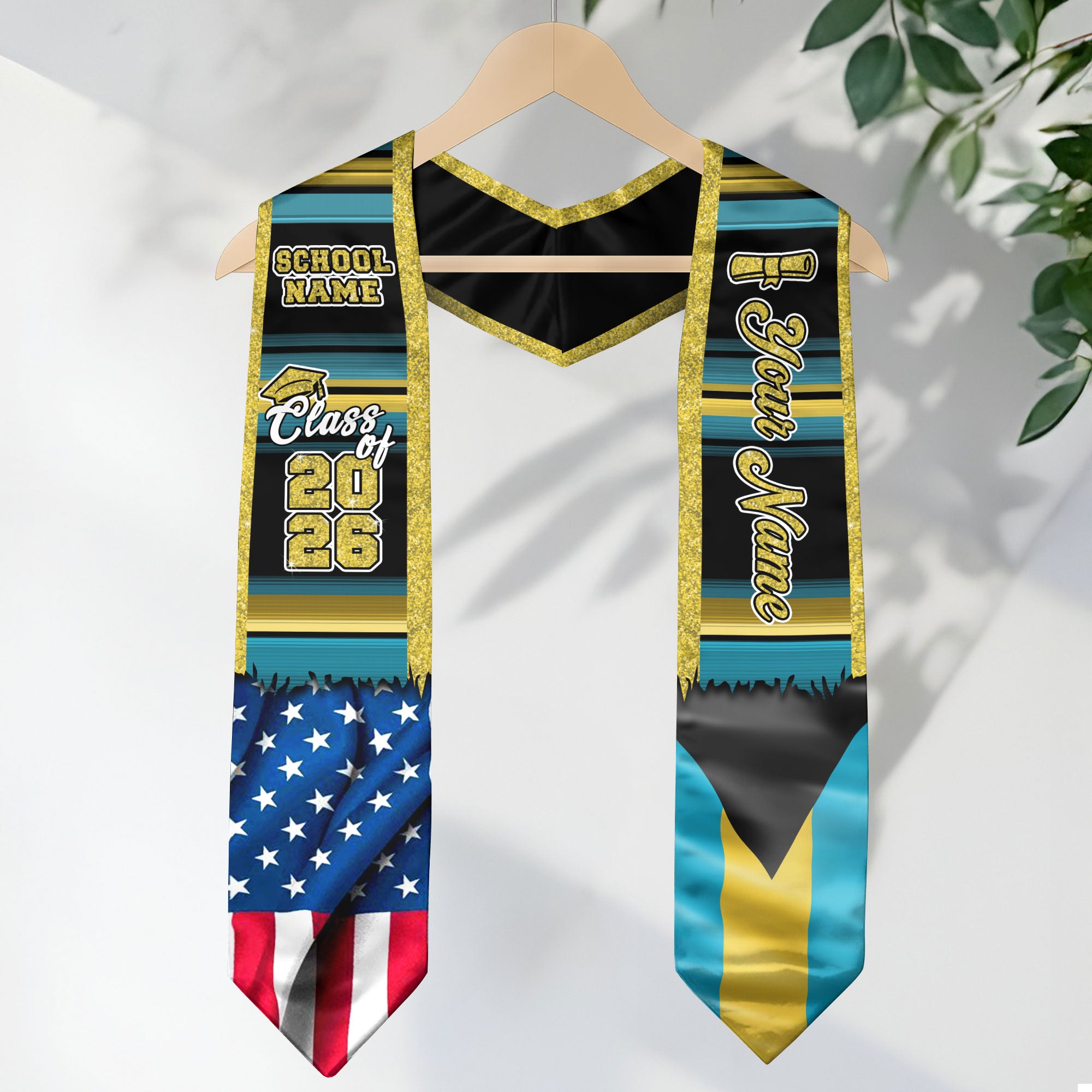 Customized Bahamas Graduation Stole Featuring Island Flag Colors, Graduation Sash for the Class of 2026