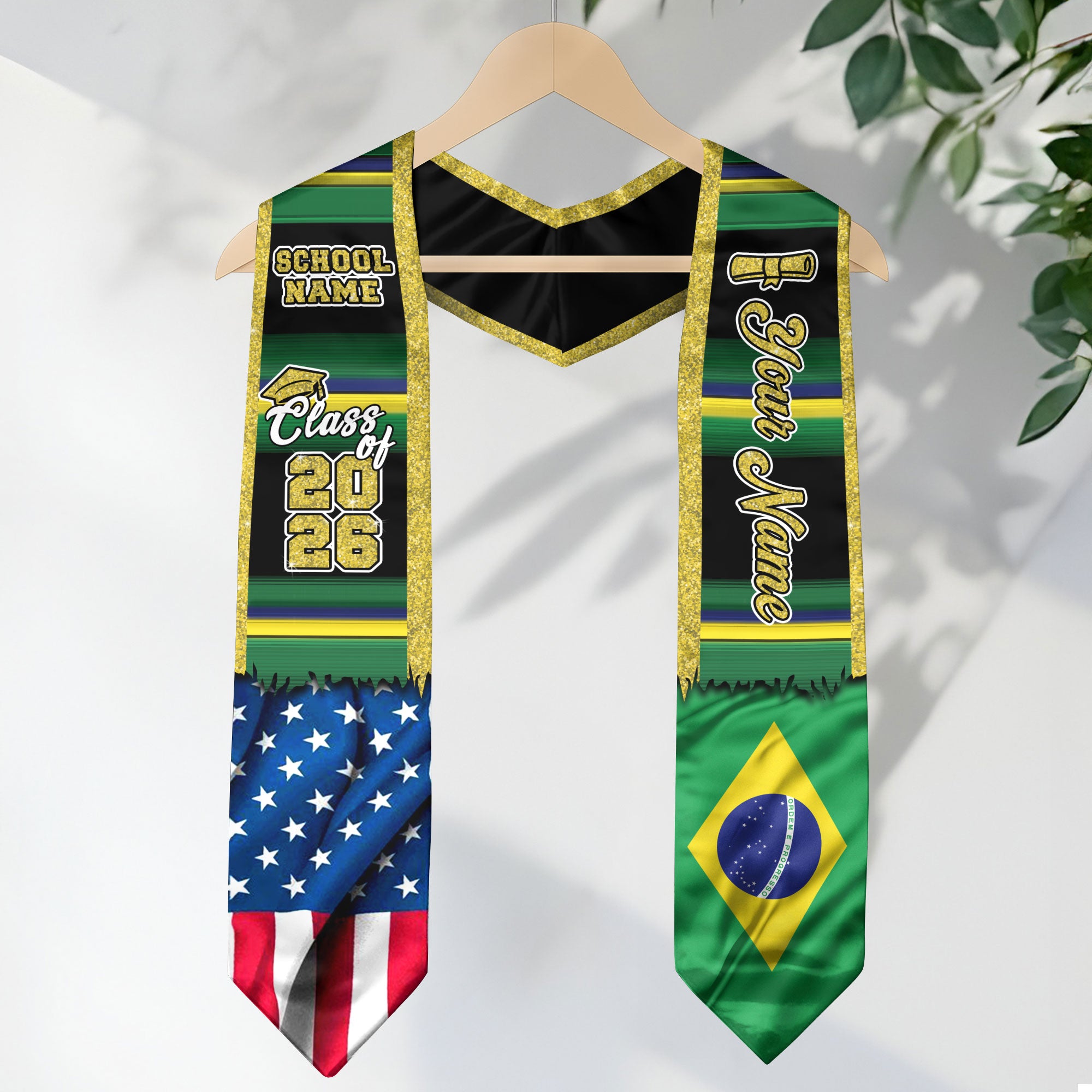 Customized Brazil Graduation Stole Showcasing Brazilian Flag Heritage, Graduation Sash for Class of 2026