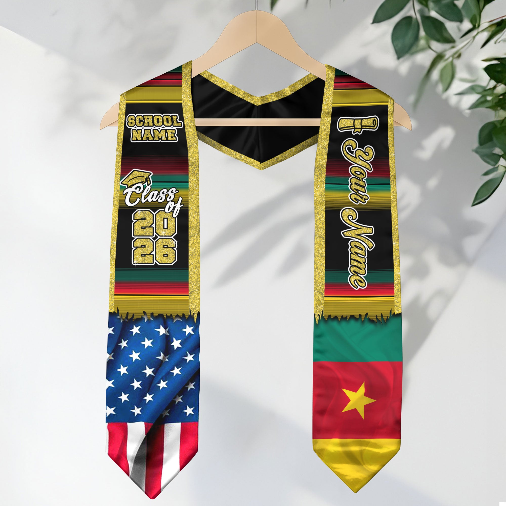 Customized Cameroon Graduation Stole with National Flag Motif, Graduation Sash Celebrating 2026 Graduates