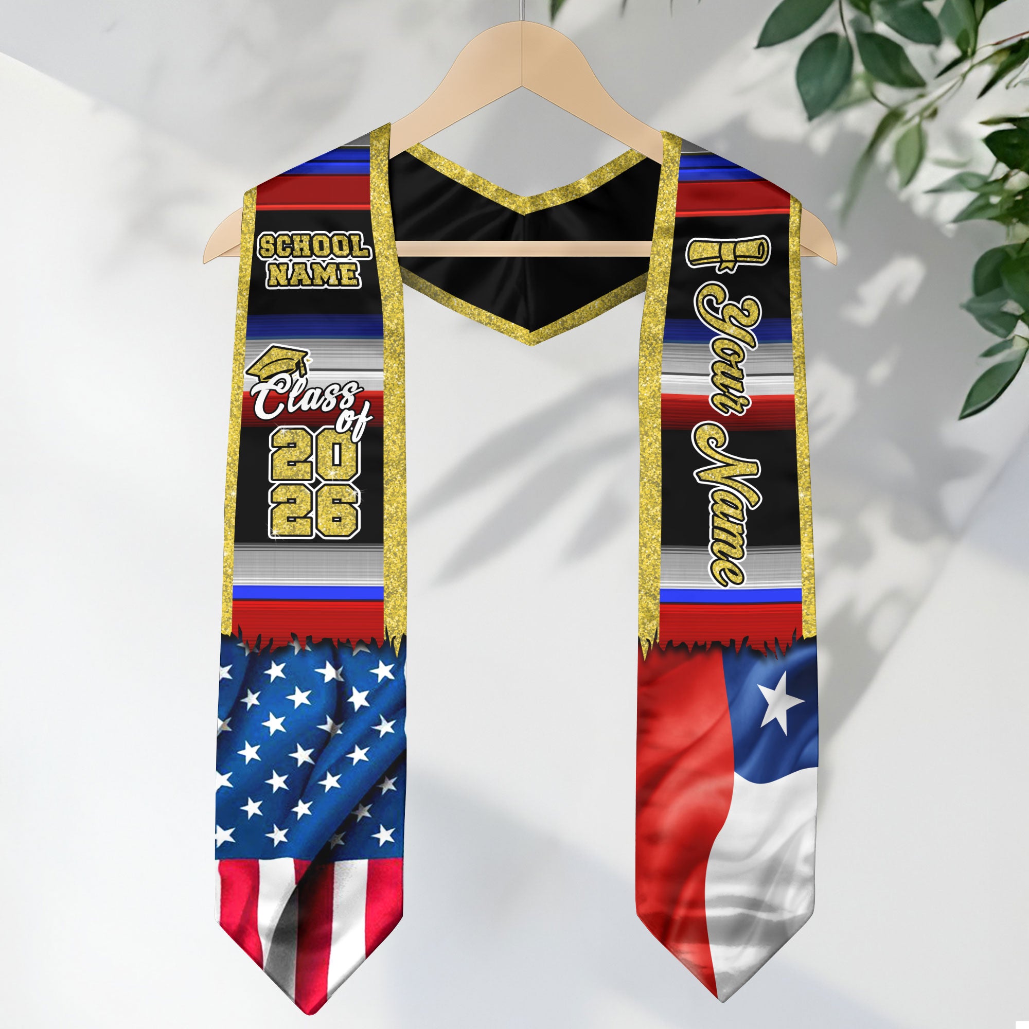 Customized Chile Graduation Stole with Chilean Flag Inspired Pattern, Graduation Sash Class of 2026