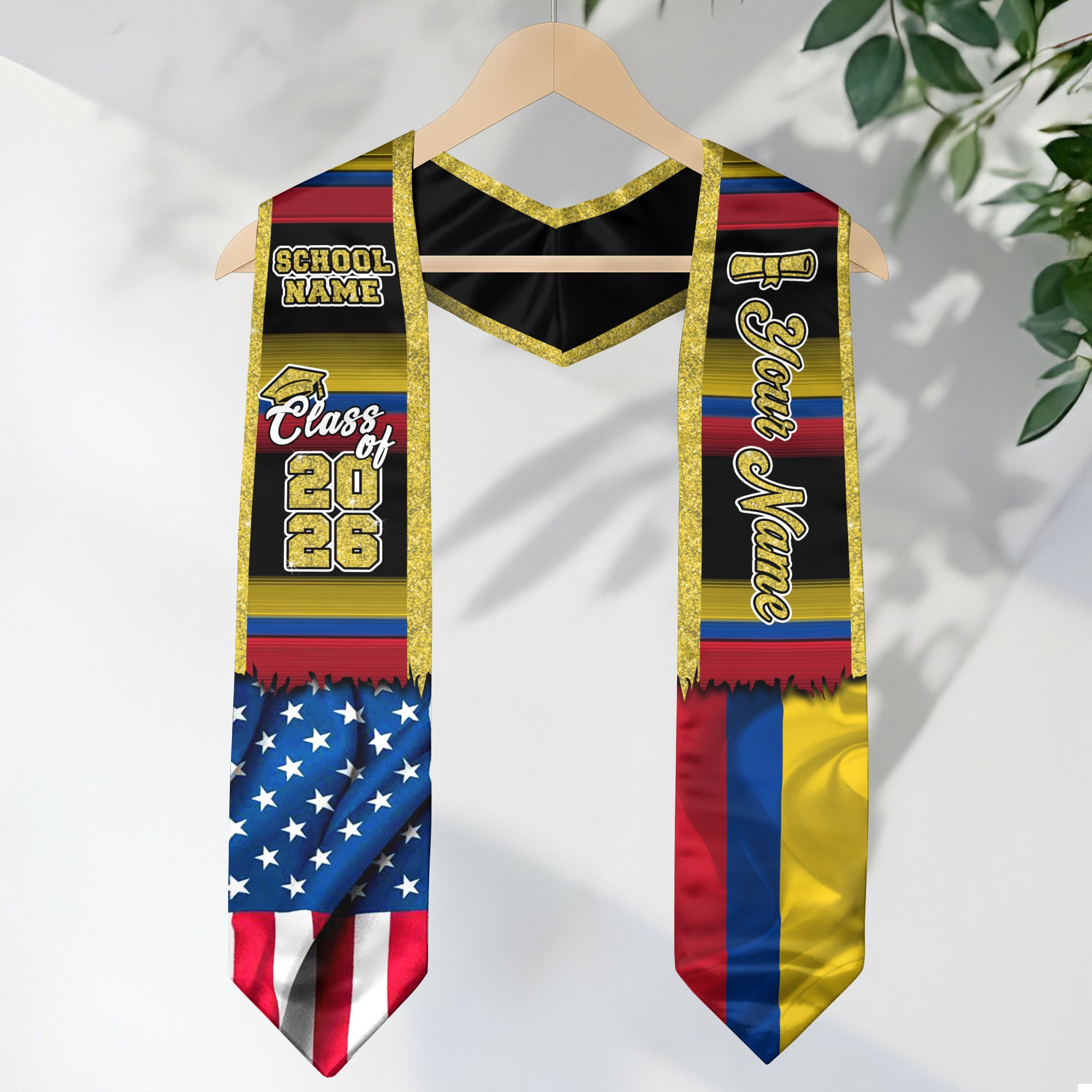 Customized Colombia Graduation Stole with Colombian Flag Style Design, Graduation Sash Class of 2026